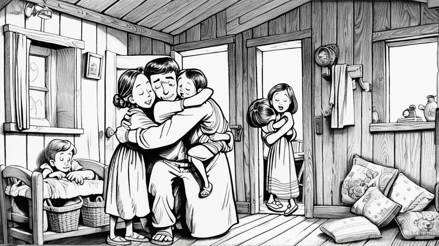 a cartoon of a poor young man and his wife hugging their children in their small house