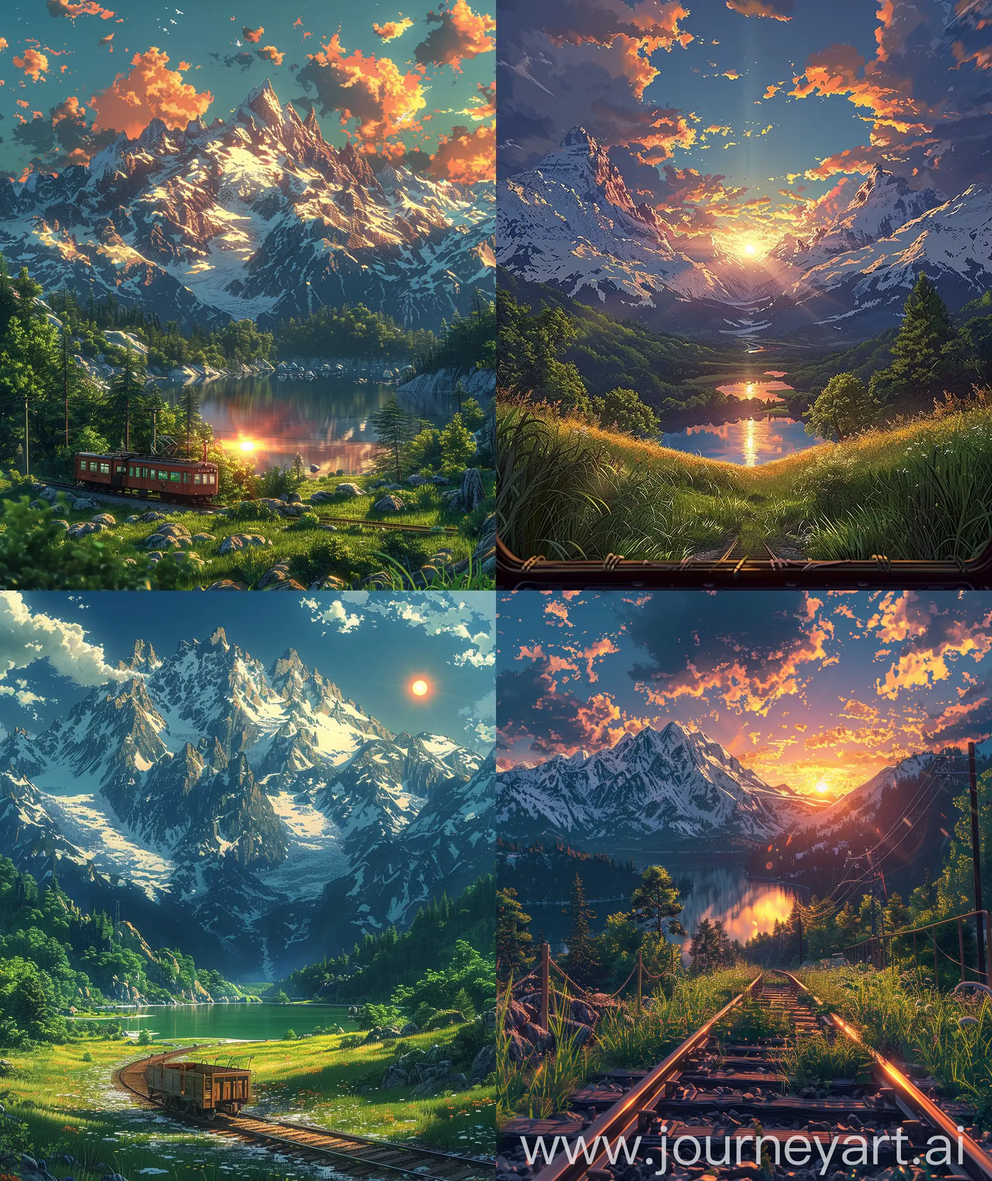 Anime scenary, dawn time, illustration,view from train, little bit train cart showing , snowy mountains, lakes, spring touch, serenity, cool tone, illustration, sun, beautiful scenary, Ultra hd, grassland, anine scenary, mokoto shinkai style, no blurry image, no hyperrealistic --ar 27:32 --s 400
