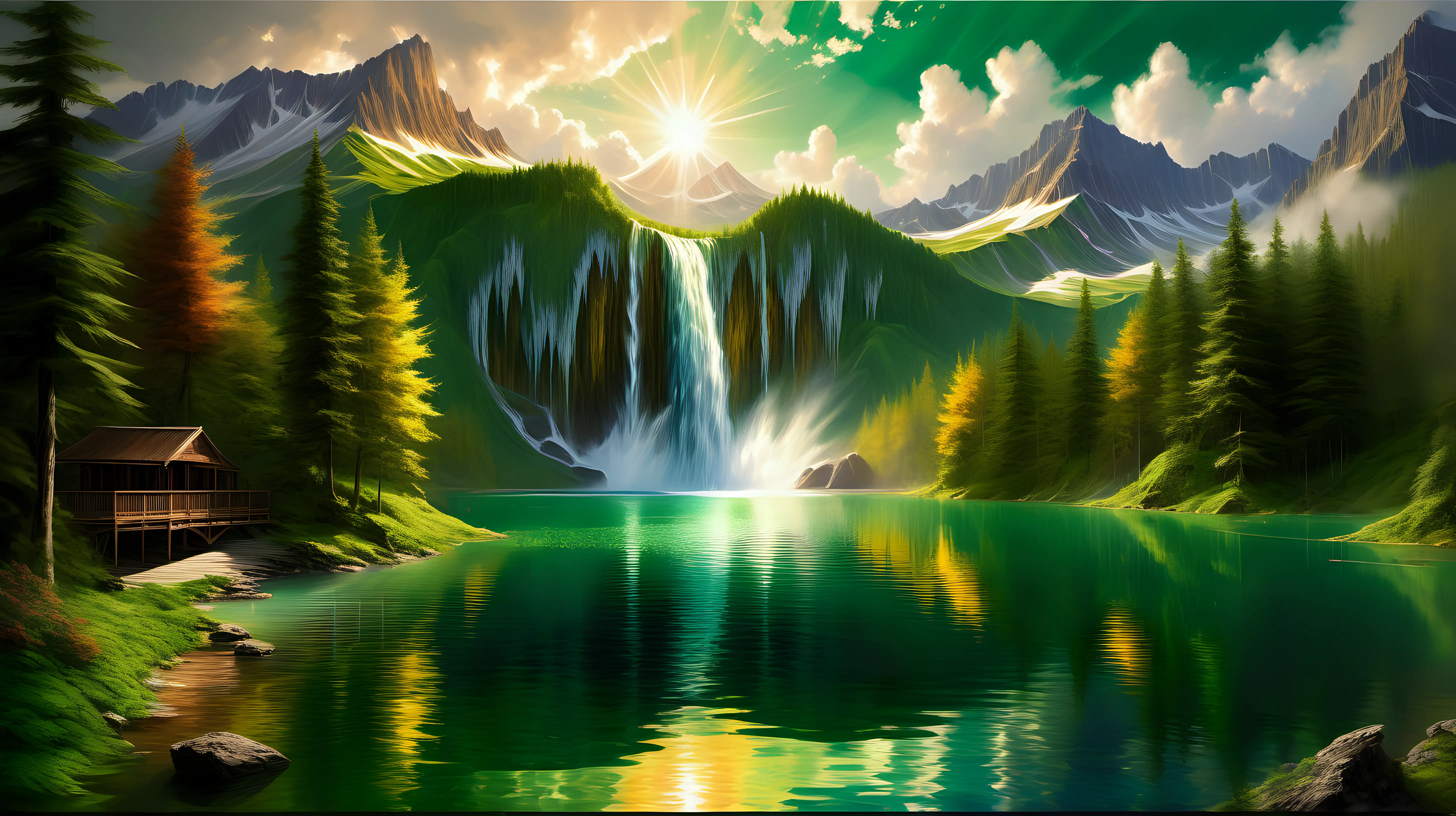 Wide mountain scene with a gorgeous waterfall cascading into an emerald lake, the water golden with multi-colored reflections caused by the light of an Ultra Dimensioned Sun. Lush vegetation and spectacular cloud-shrouded ridges. All in impressive graphic quality. The scene appears to be a realistic painting