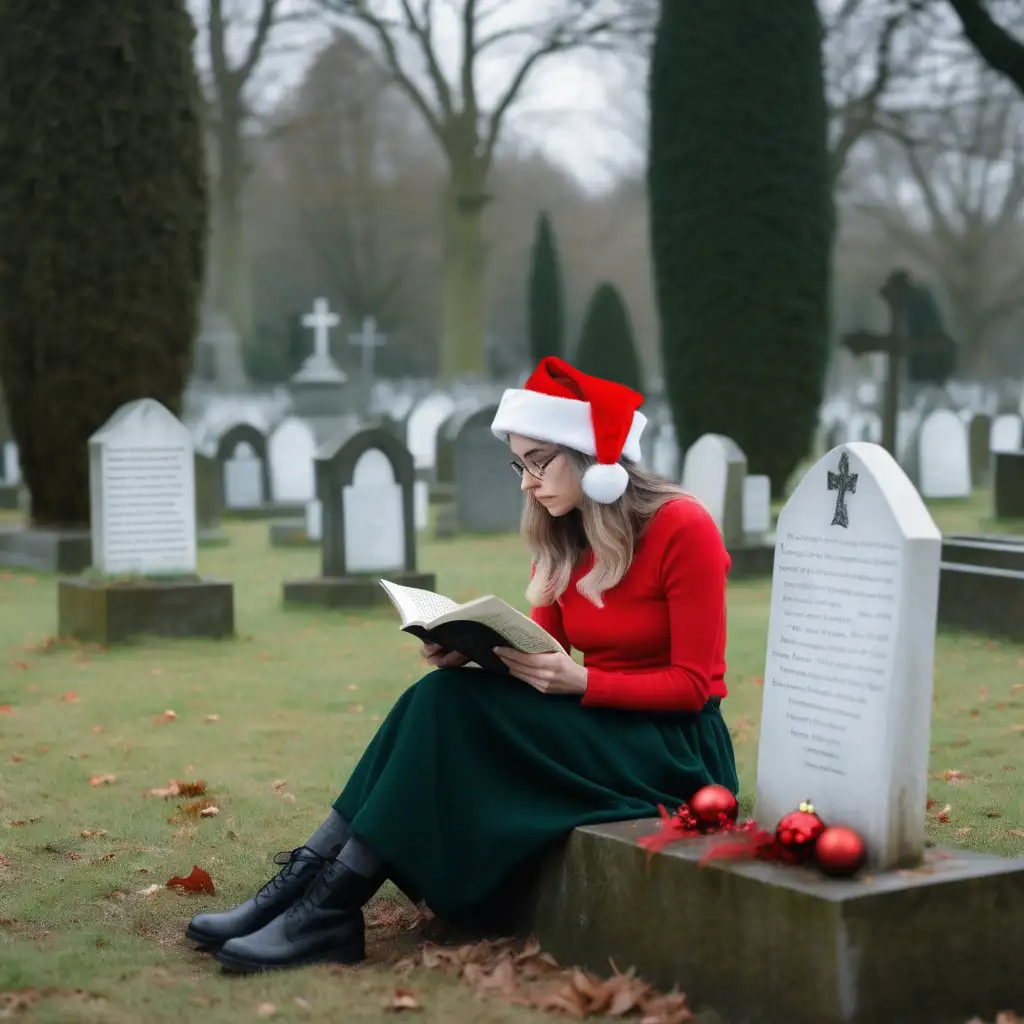 A woman wearing a Christmas hat sitting reading poetry in a graveyard 