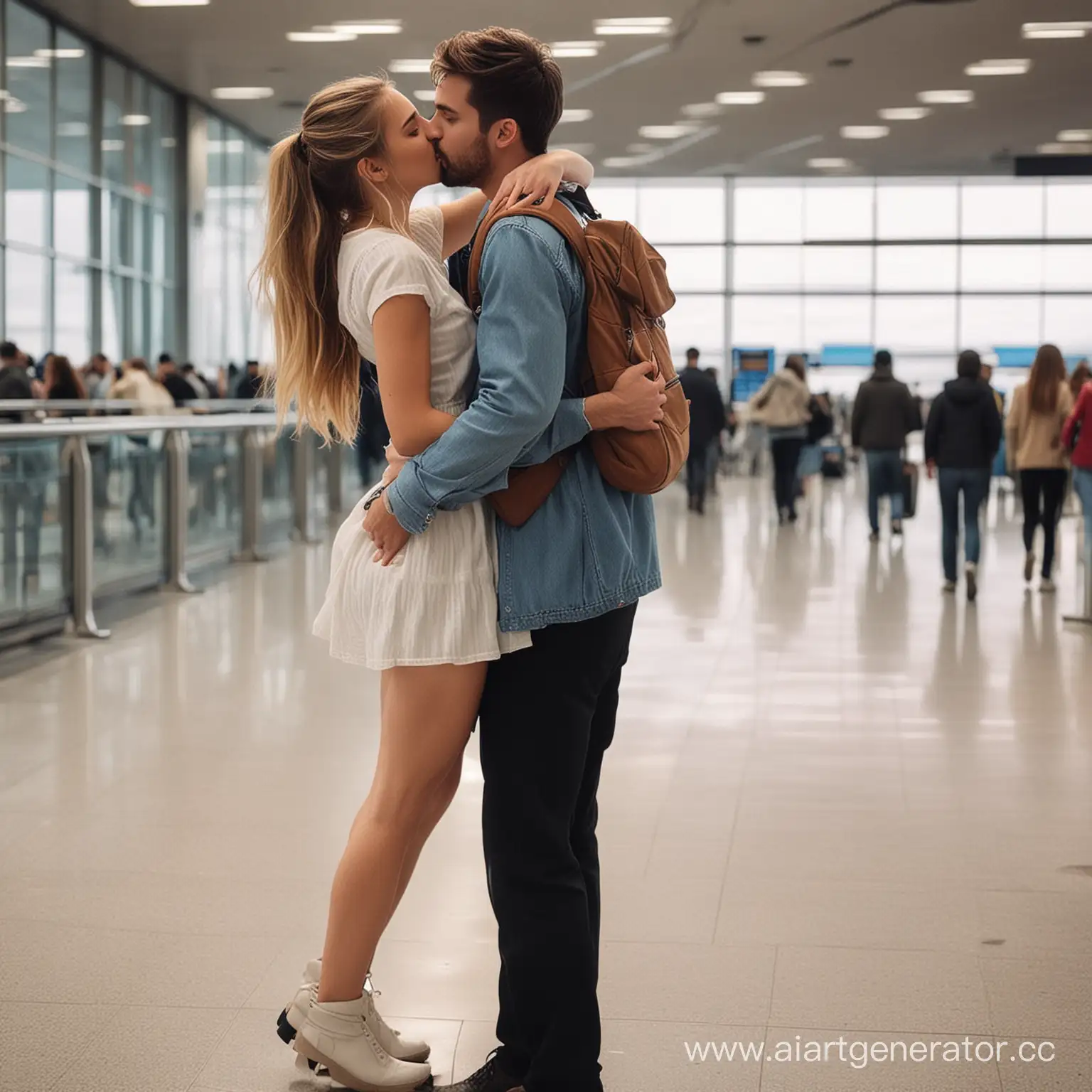 the guy is waiting for the girl at the airport. When she comes and sees him, she throws things on the ground and runs to him. She hugs him tightly around the neck, and he holds her tightly by the waist and kisses her.