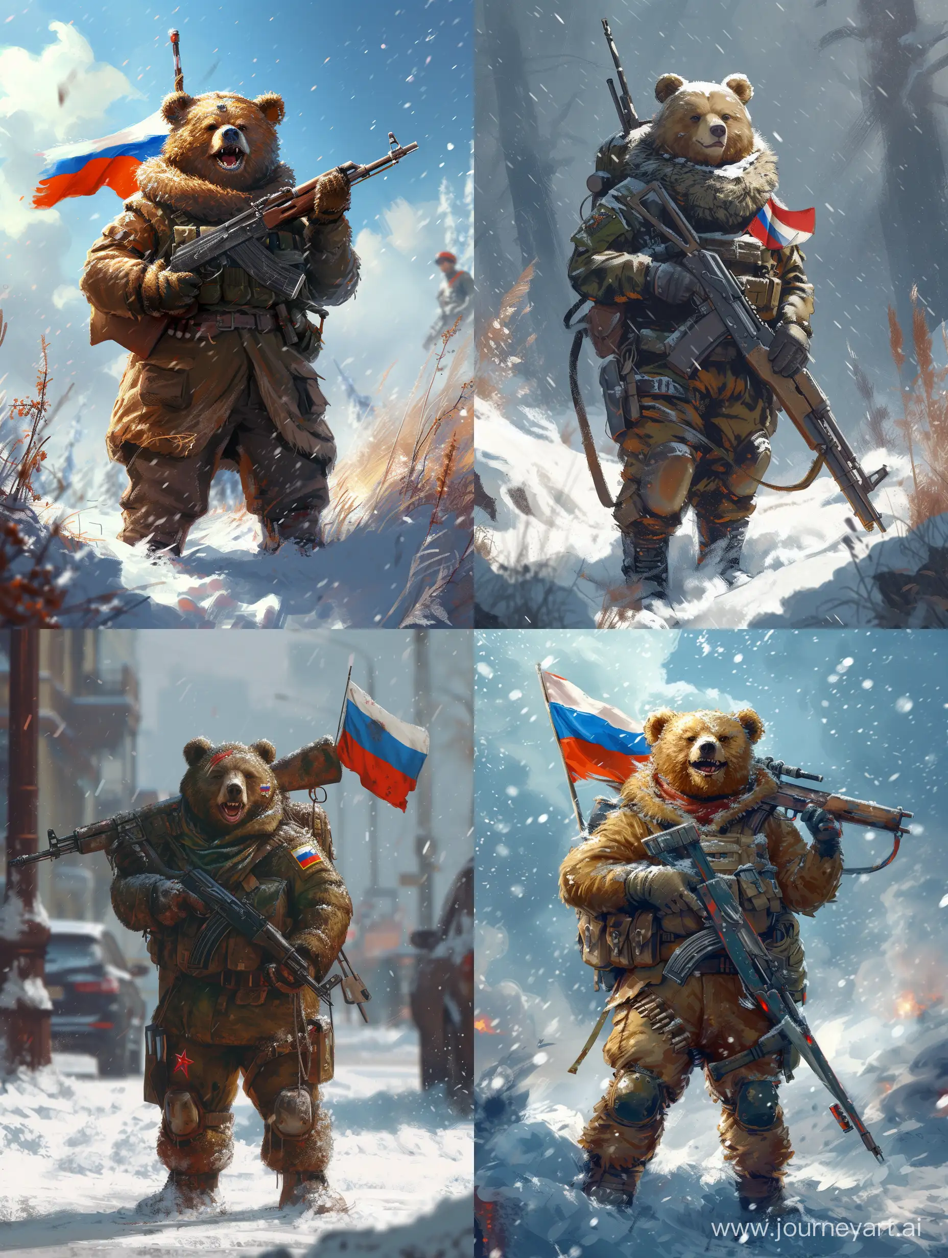 Joyful-Russian-Bear-Furry-Art-with-Militaristic-Flair-in-Moscow-Snow