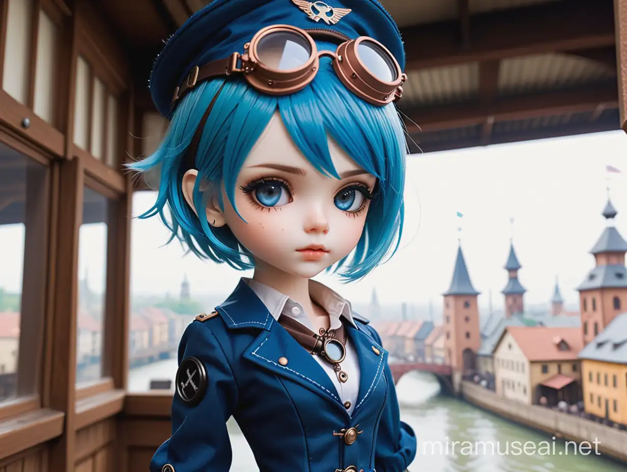 bjd doll blue pixie short hair as zeppelin pilot style steampunk town steampunk in background and corruption errors --c 30 --s 250 --niji 6ampunk style and corruption errors --c 30 --s 250 --niji 6