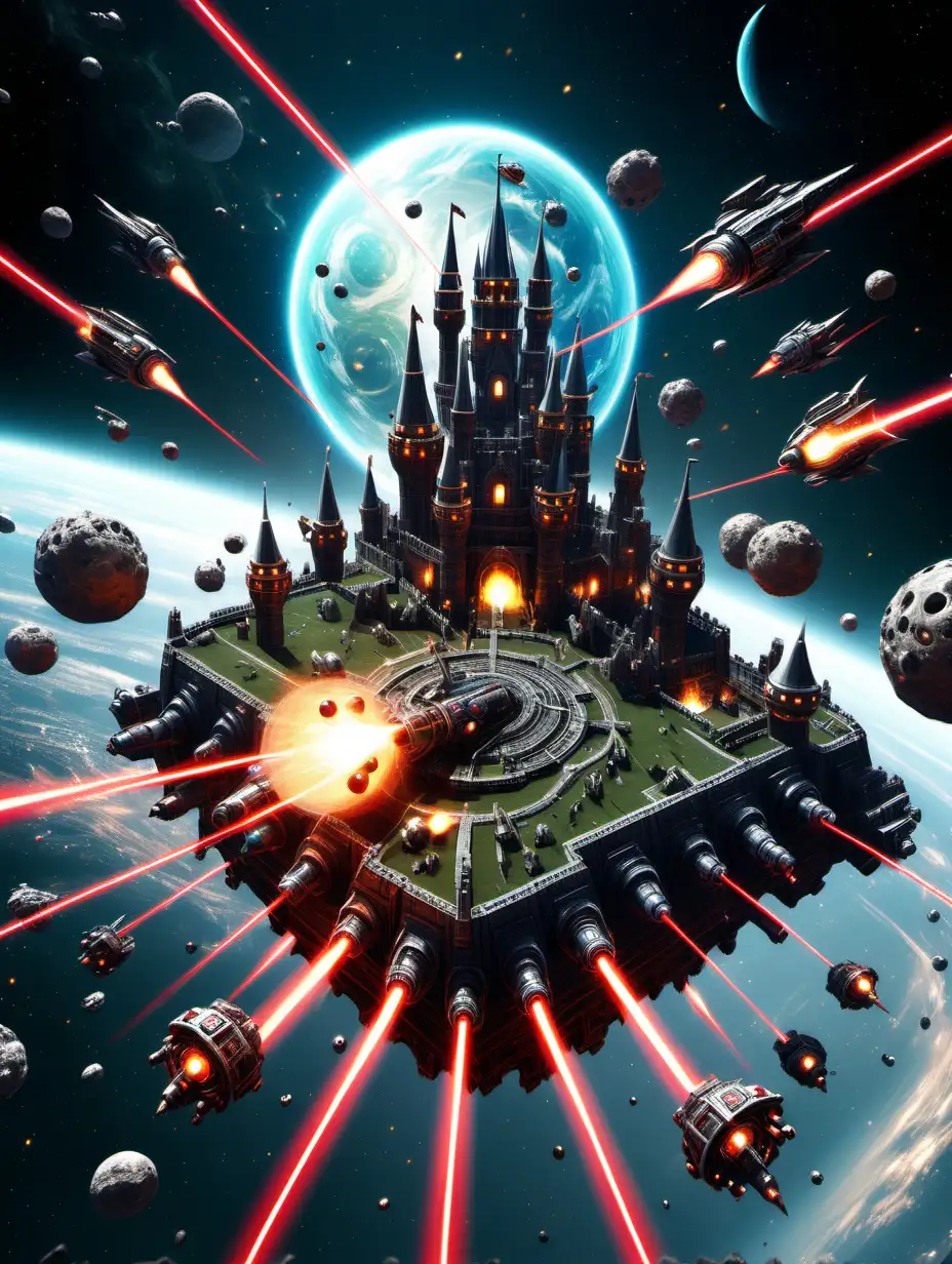 micro planets completely rebuilt as spaceships built as medieval castles who are firing laser canons at each other that impact lit shield surrounding each castle, a space battle 