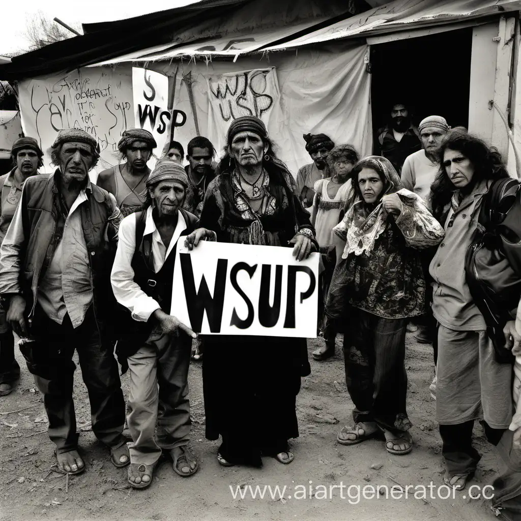Поселение грязных цыган,которые кричат на всех и едят грязь,один из них держит плакат с надписью "wsup"