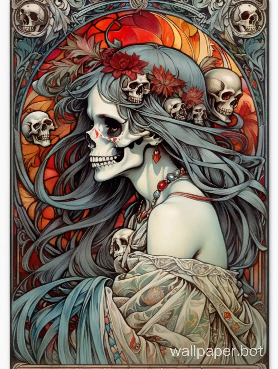 skull young witch,  Beautiful face, evil laugh, deep face, darkness assimetrical, alphonse mucha hiperdetailed, william morris assymetrical  background, torn poster edge, chaos chromatic dripping colors, black, white, red, gray, sticker art