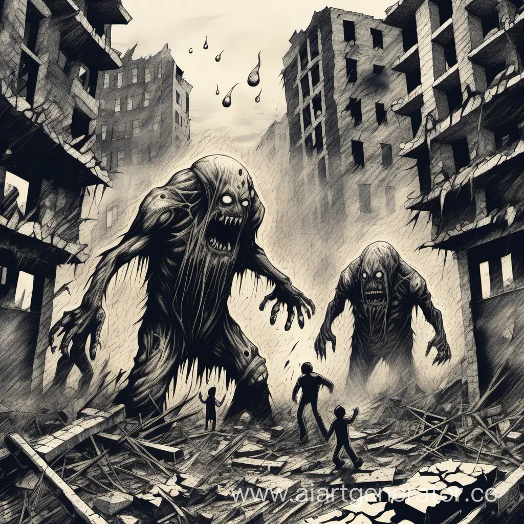Monsters-Ripping-Apart-a-Person-in-Devastated-Cityscape