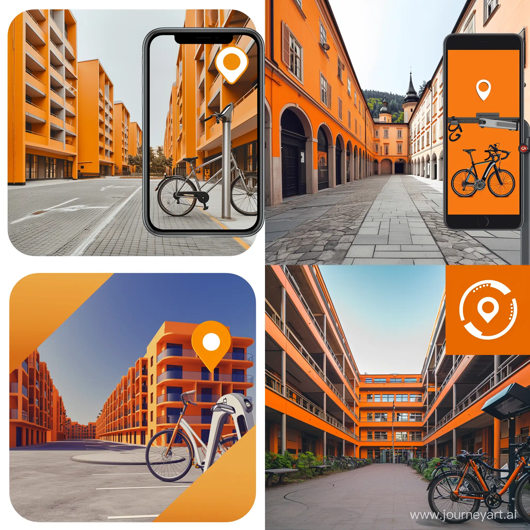 A bike rental station inside the university on the right side of the mobile image with the location icon and the wide and tall orange buildings and high-altitude image