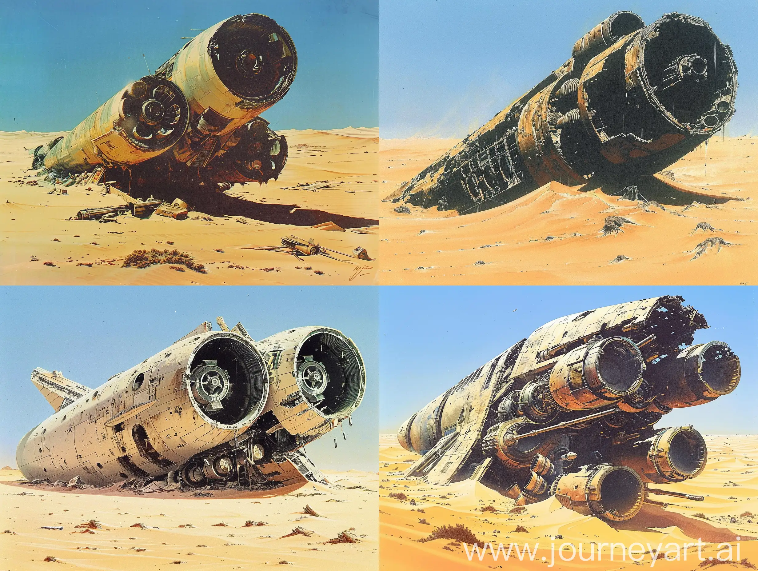 Old concept art by Ralph McQuarrie of of the wreck of a large spaceship in the middle of the expansive desert, sticking out of the sand. in retro science fiction art style. in color. big engines. 