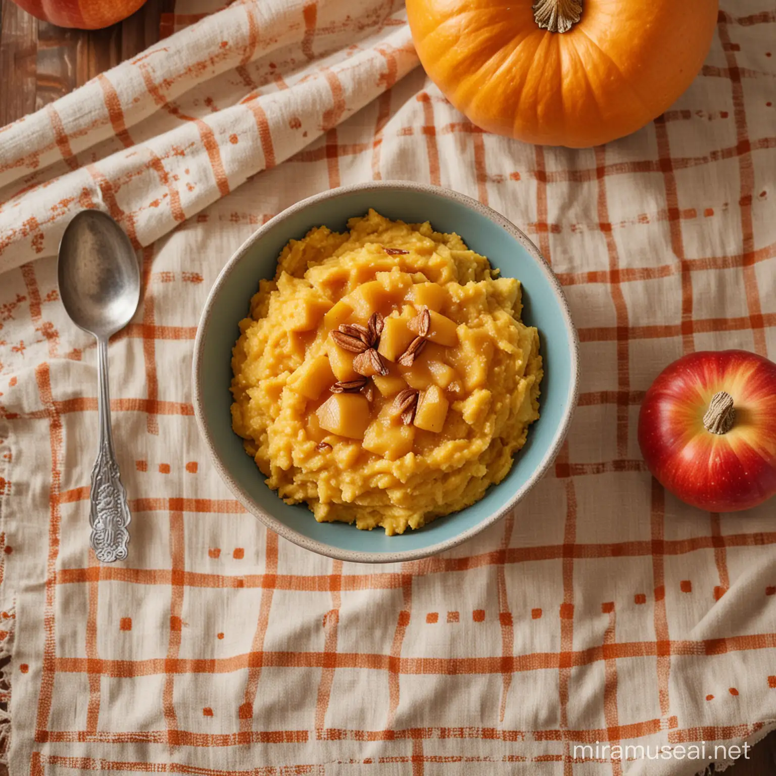 Apple and Pumpkin Mash in a bowl on a table with a nice tablecloth