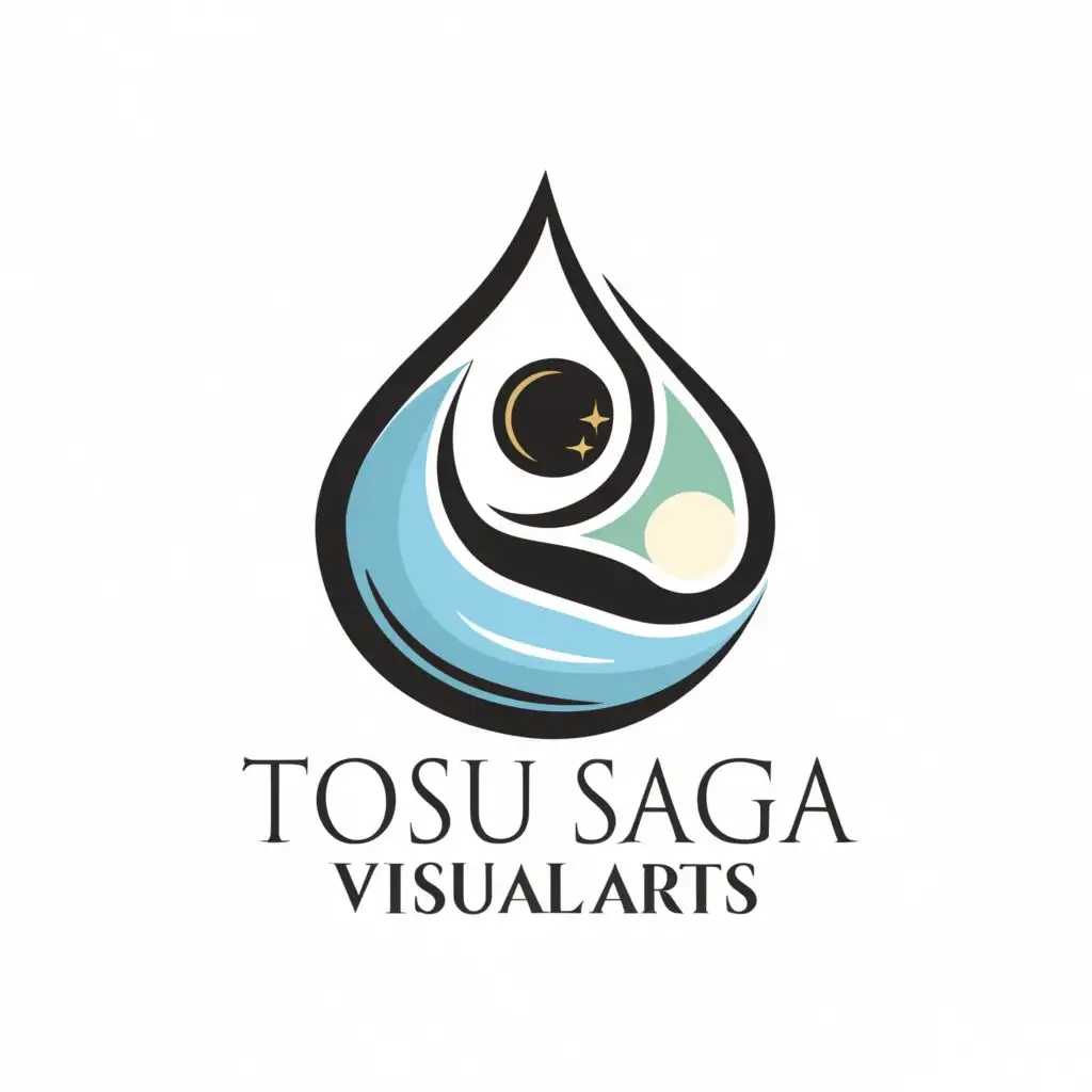logo, elegant yet simply drop of water into a body of water, sun and moon inside the drop of water, with the text "TOSU SAGA VISUAL ARTS", typography