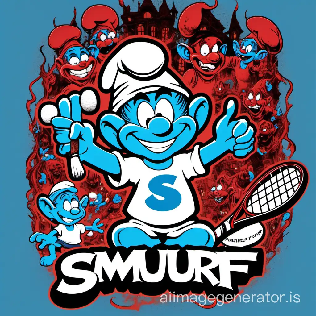 Spooky-3D-Devil-Smurf-with-a-Racket-and-Tshirt-in-a-Horror-Theme