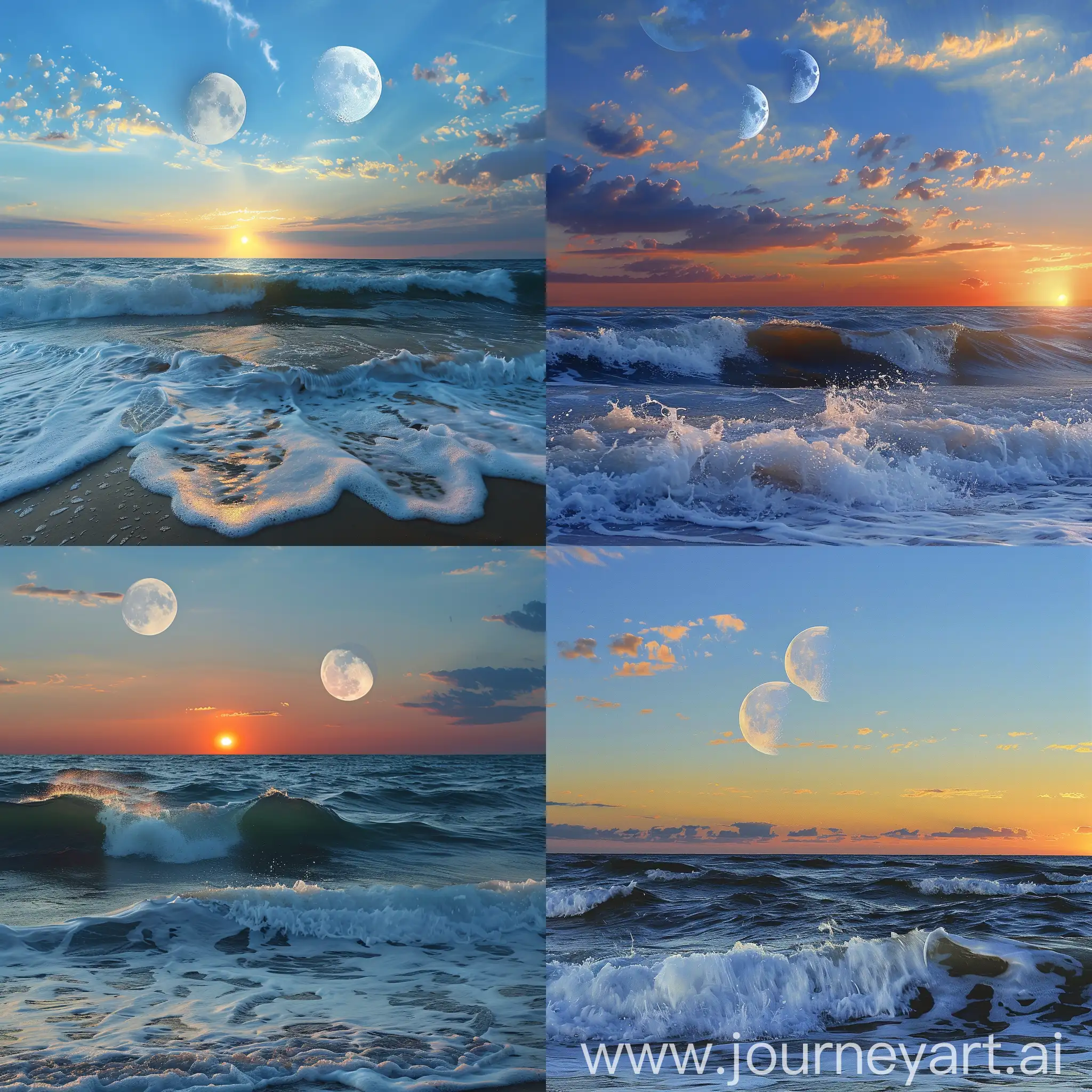 Tranquil-Sunset-Seascape-with-Dual-Moons-and-Rolling-Waves