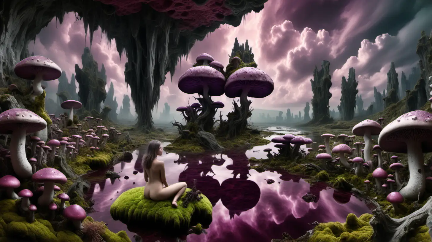 Psychedelic Fantasy Landscape with Nude Woman and Mystical Elements