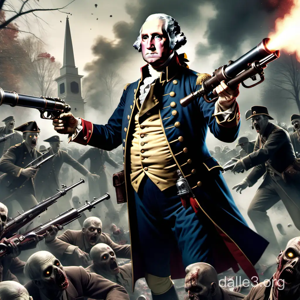 George Washington Holding a Gatling Gun Fighting Nazi Zombies