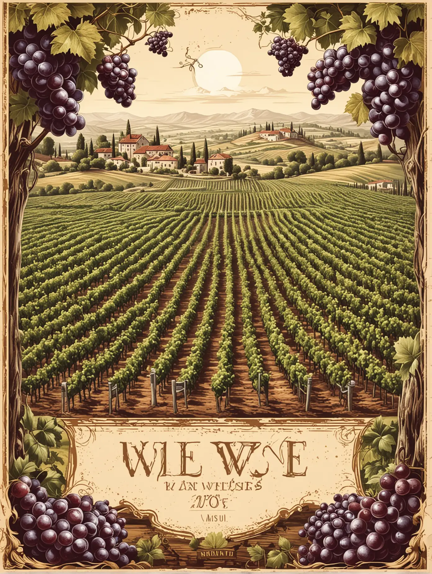 wine label design, no label in the picture, vineyard, grapes and rows of vineyard, 