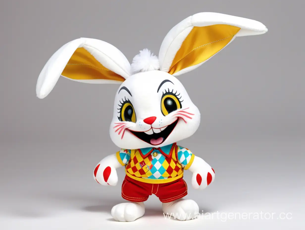 белый игрушечный мультяшный крольчонок арлекин с красными шортами и жёлтыми глазами и большой улыбкой