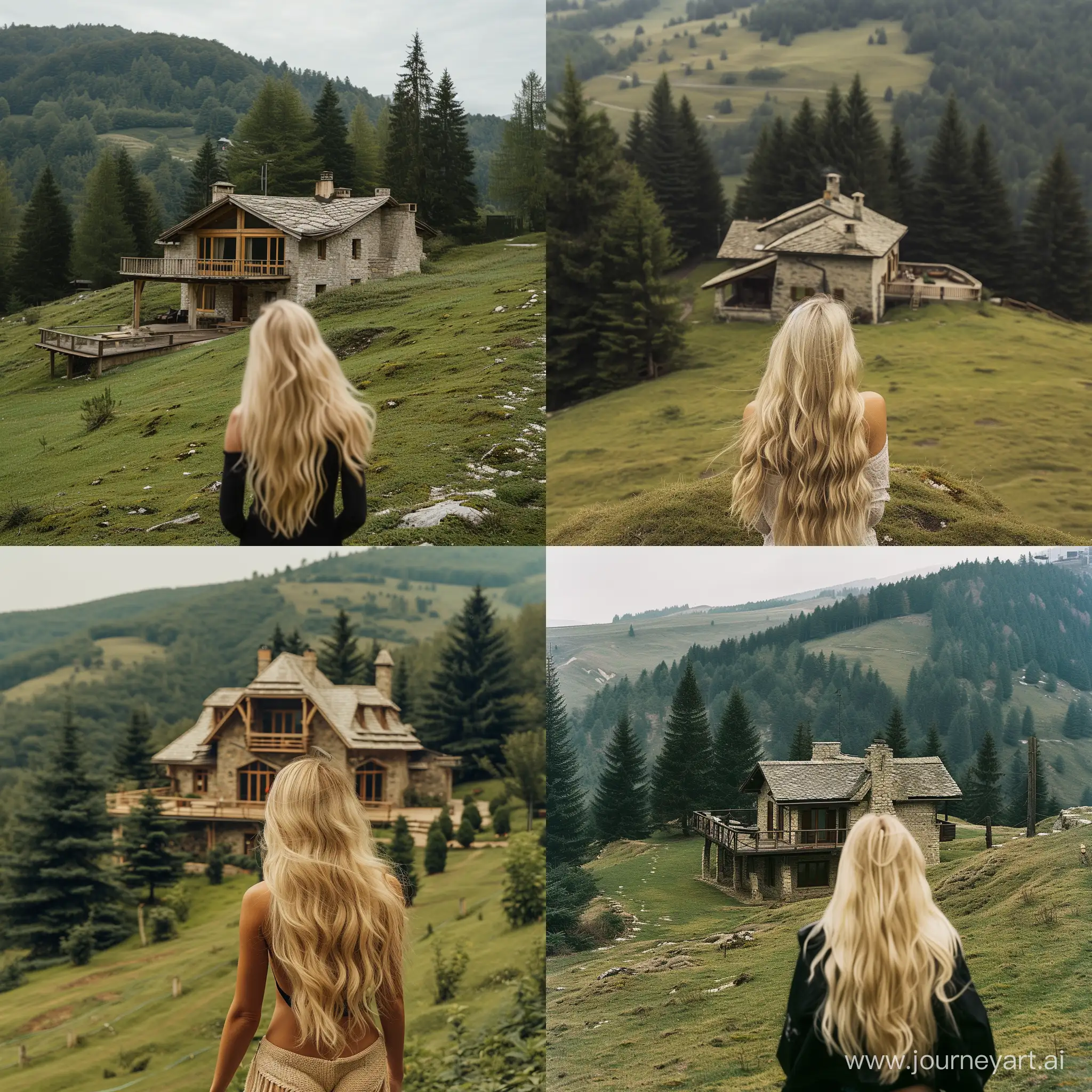 Blonde-Woman-Enjoying-Scenic-Hilltop-View-with-Stone-House-and-Conifers