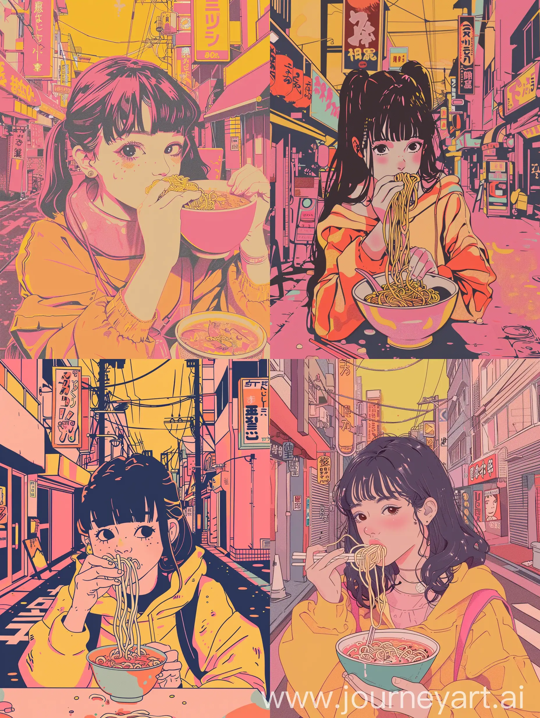 80's japanese anime style girl charactor eating ramen in the street background in muted color of pink yellow orange