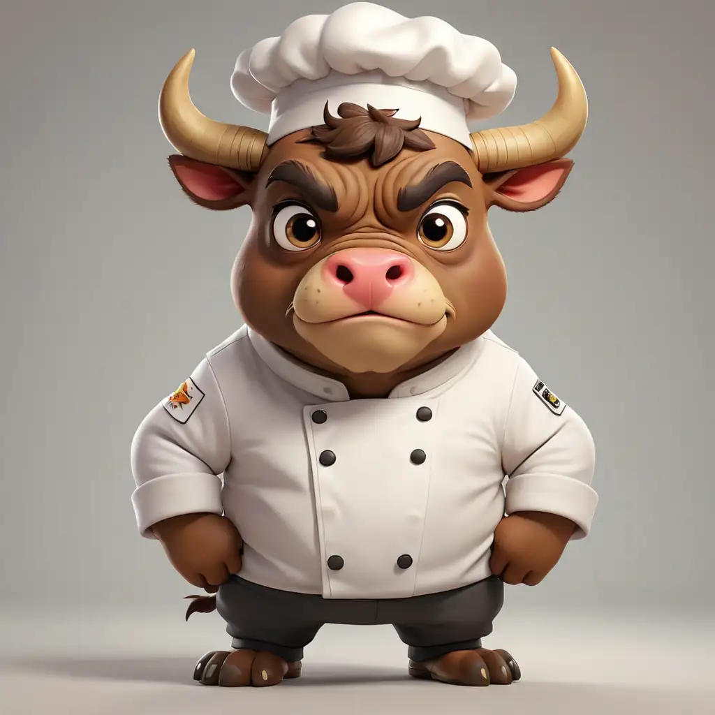 a bull, cartoon style, full body, big eyes, Chef clothes with chef's hat, clear background