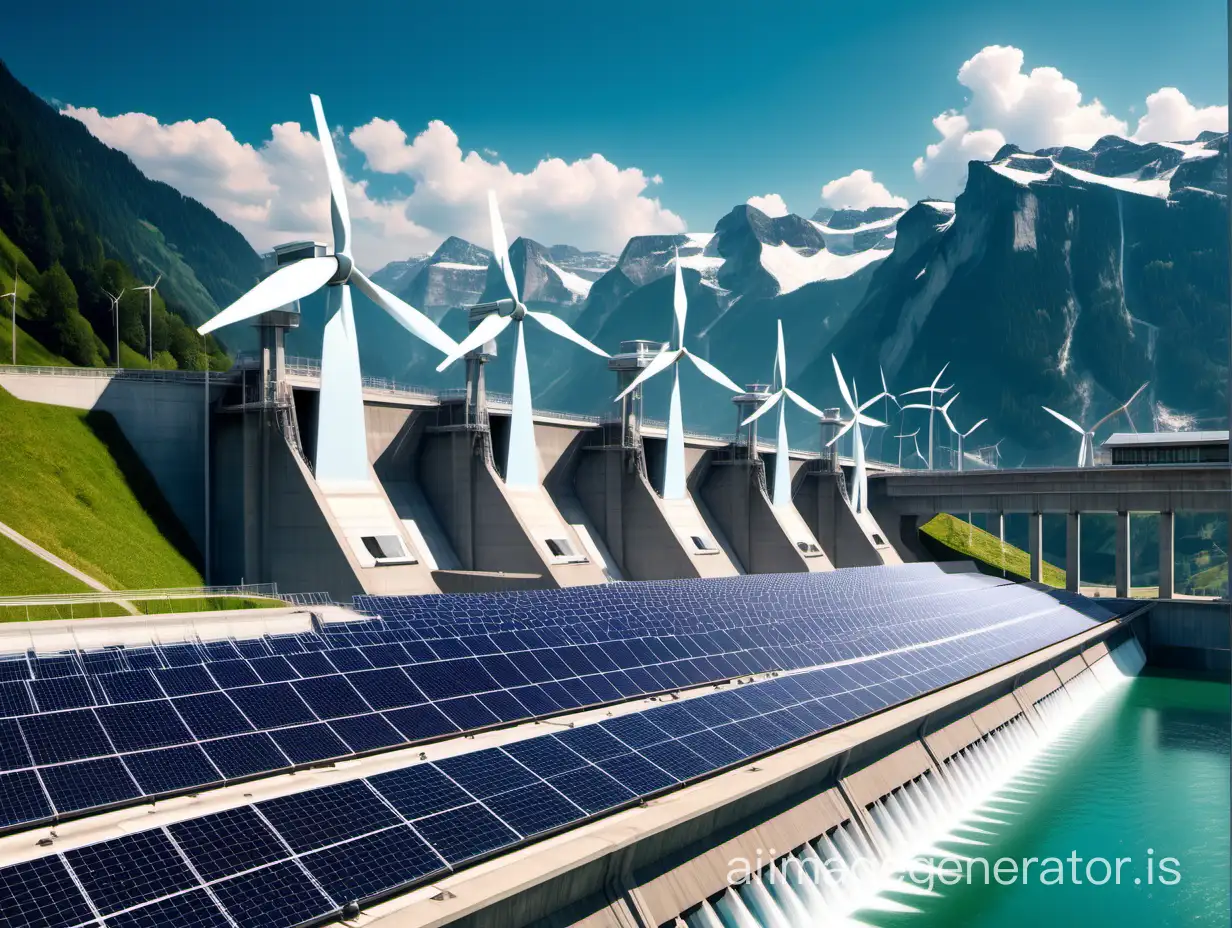 A futuristic hydroelectric dam with solar panels, 3 wind turbines in the background, in Switzerland, in fine weather
