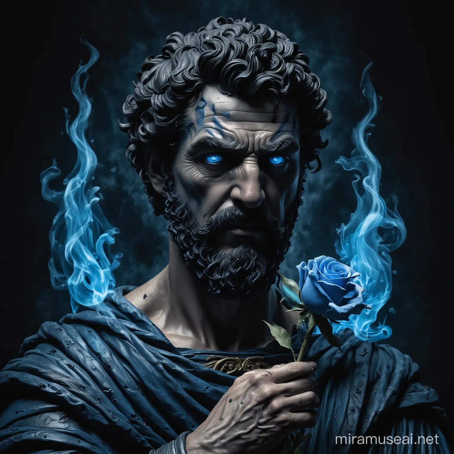 Angry Marcus Aurelius on blue flames holding a Blue rose with a dark background 