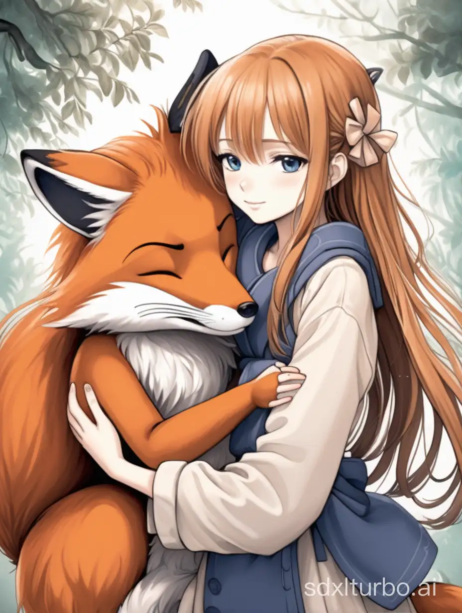 anime style. girl hugs the fox.