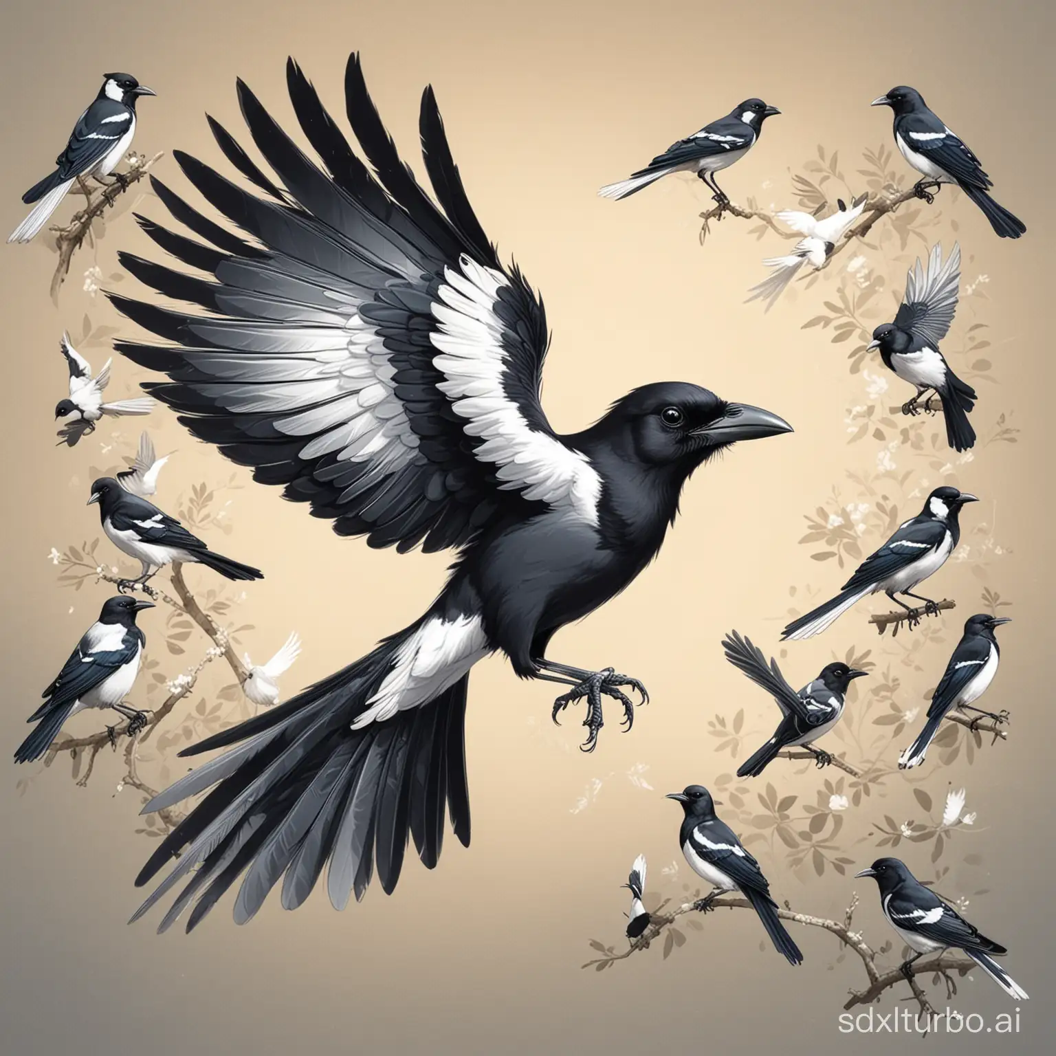 Cartoon-style Illustration of Magpies Cartoon-style Illustration of a Magpie "Generate different orientations for each photo"