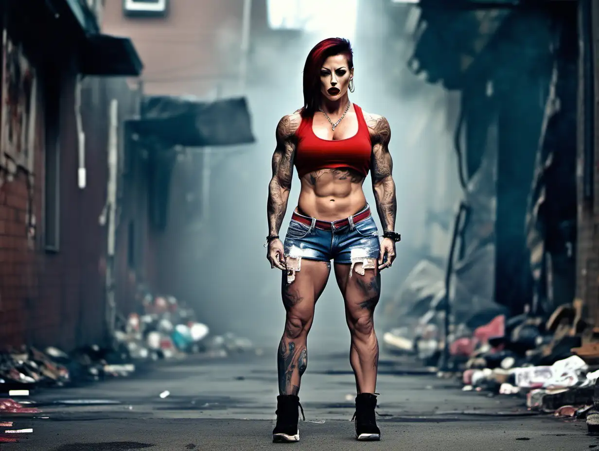 Powerful Female Bodybuilder Flexing Muscles in Urban Foggy Alley