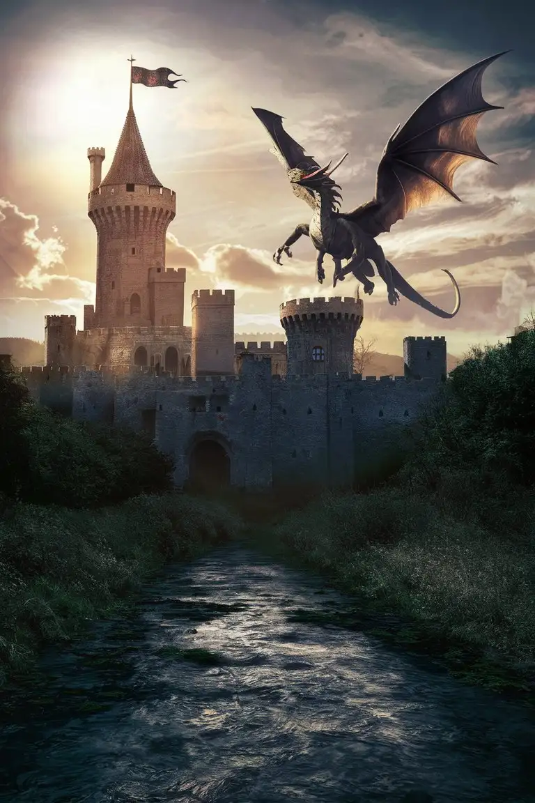 cena para capa de celular
castelo medieval ao fundo com bandeira balancando na torre, ceu por do sol, um rio correndo na frente dele e um dragao voando