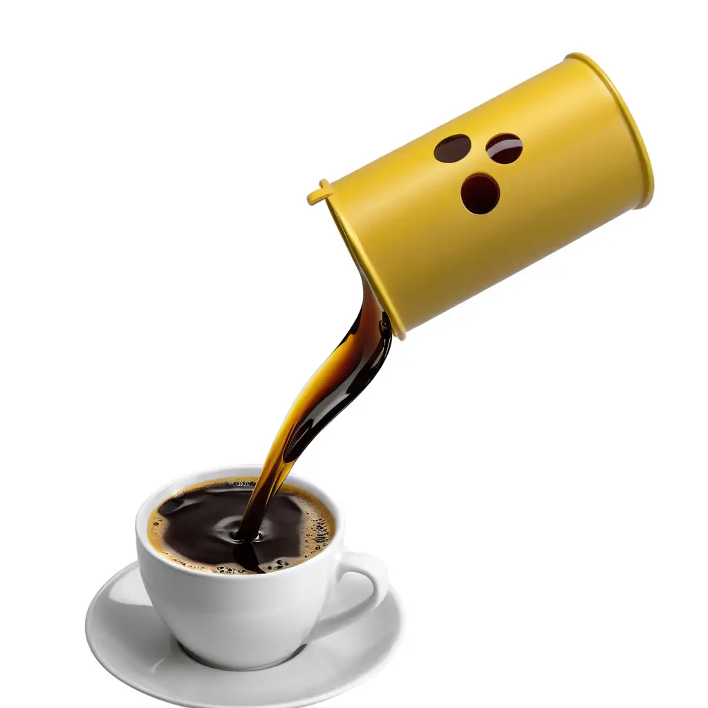 Yellow Bucket Pouring Coffee into Cup on White Background