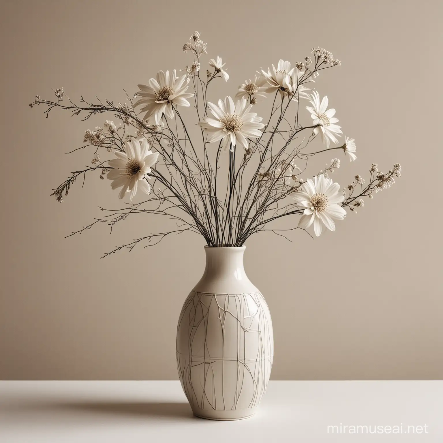 A vase of uncolored flowers with minimalist lines