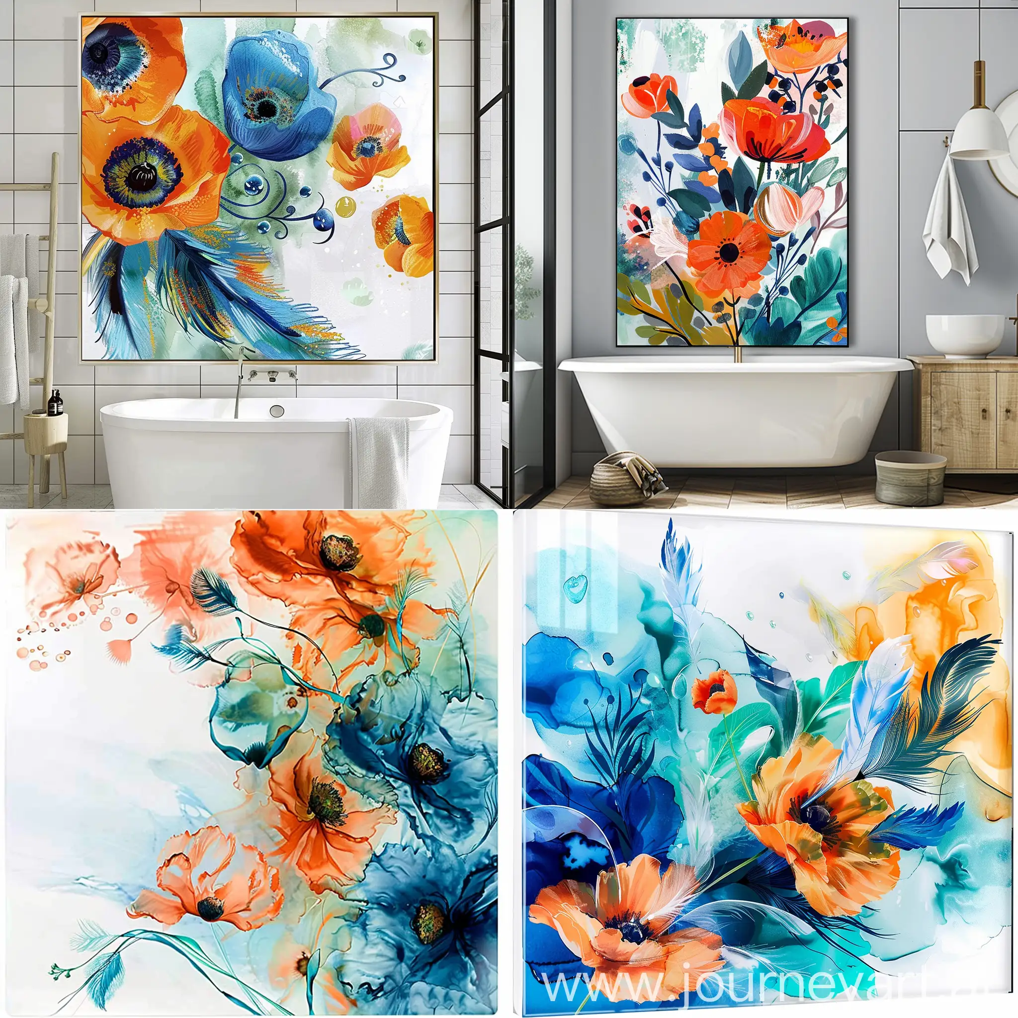 Colorful Bathroom Décor, Blue Orange Green White, Boho Floral Abstract, Poppies Posies Flowers Feathers Aesthetic Water colors look