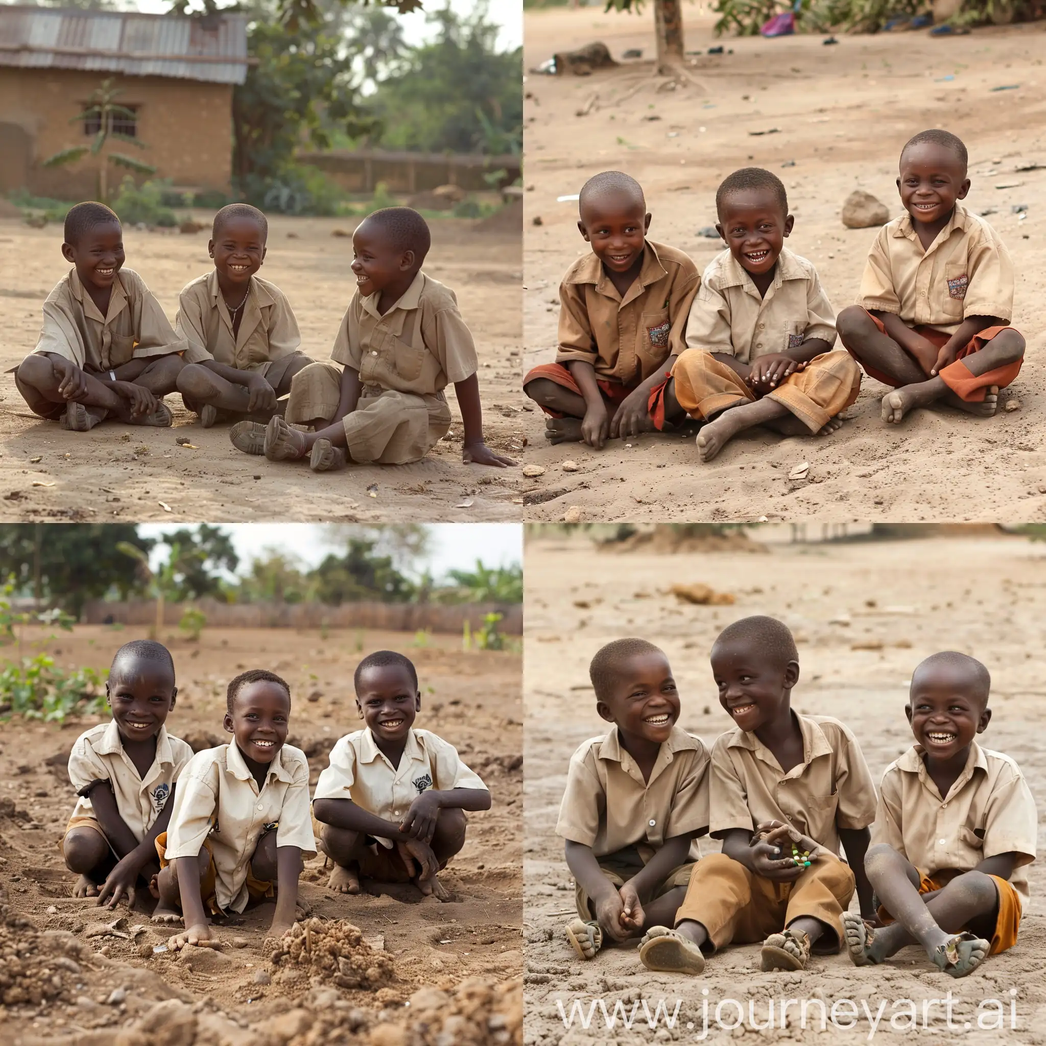 Three happy Nigerian school boys sitting on the bare ground in the village, playing simple two-rows awale game.