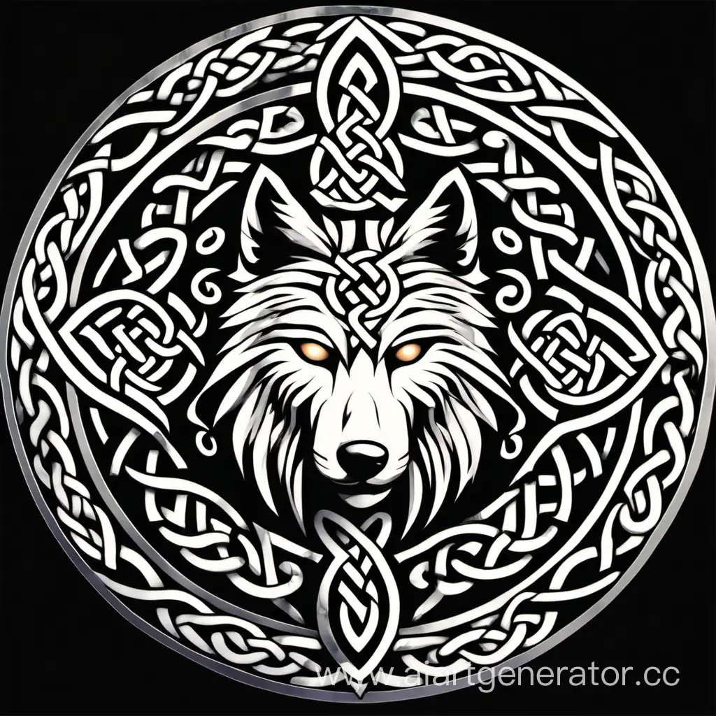 круглая иконка, украшенная кельтскими узорами вокруг, в центре голова волка.
