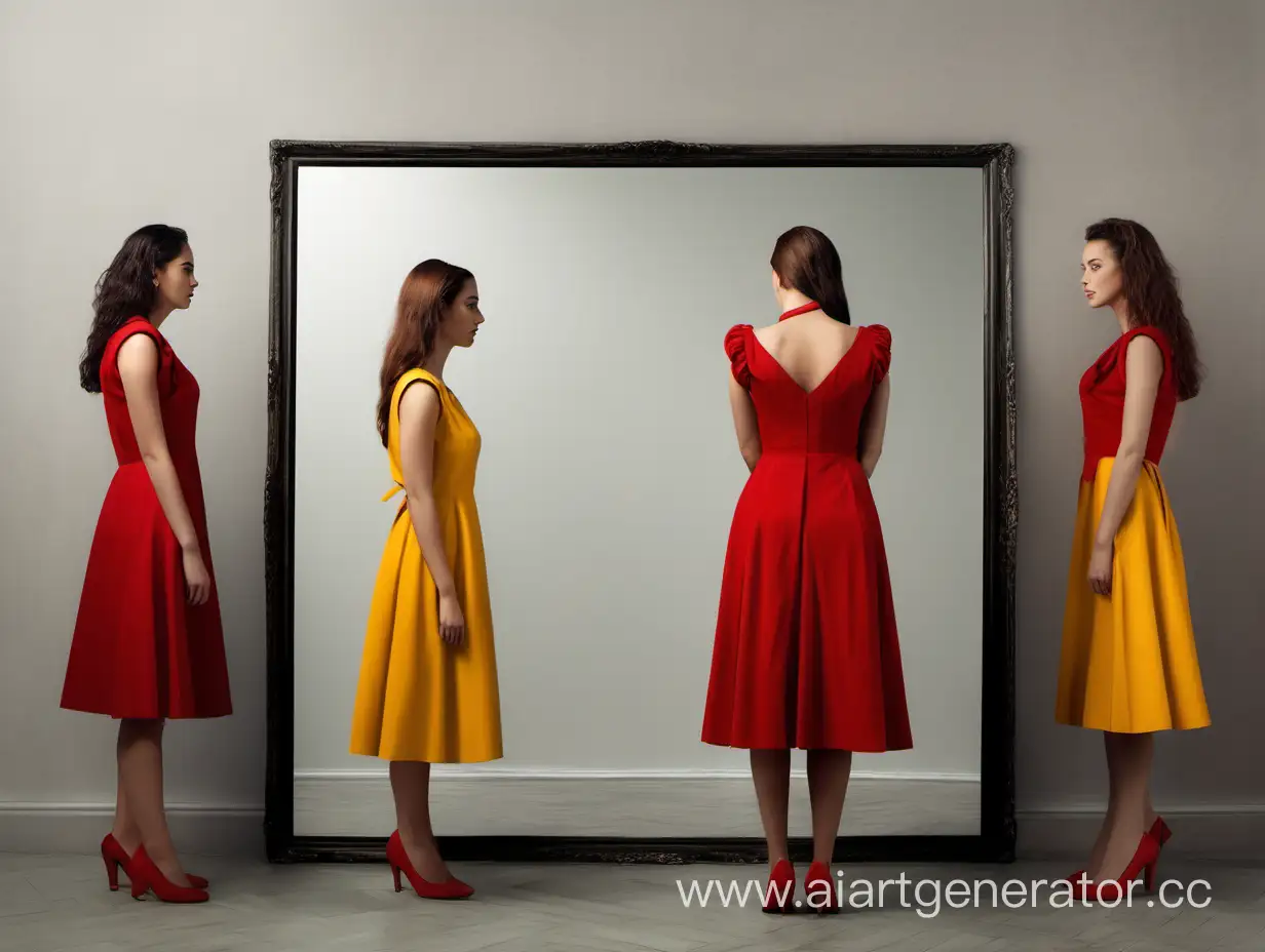 Individuality-vs-Reflection-Women-in-Red-and-Yellow-Dresses-with-Mirrors