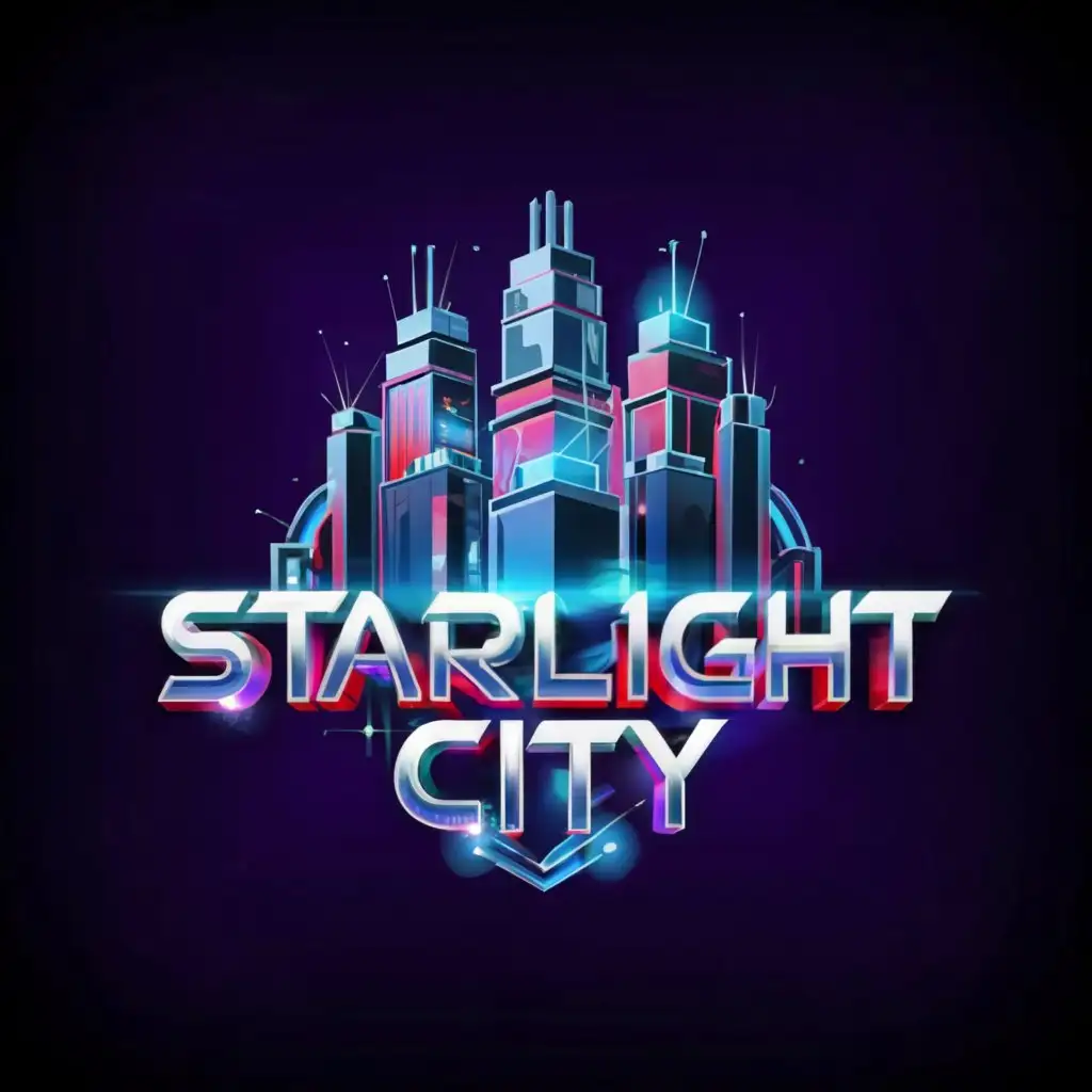 a logo design,with the text "STARLIGHT CITY", main symbol:Red a blue lights flashing of Skyscrapers while the police are in an intense battle with criminals And animated logo,Moderate,clear background