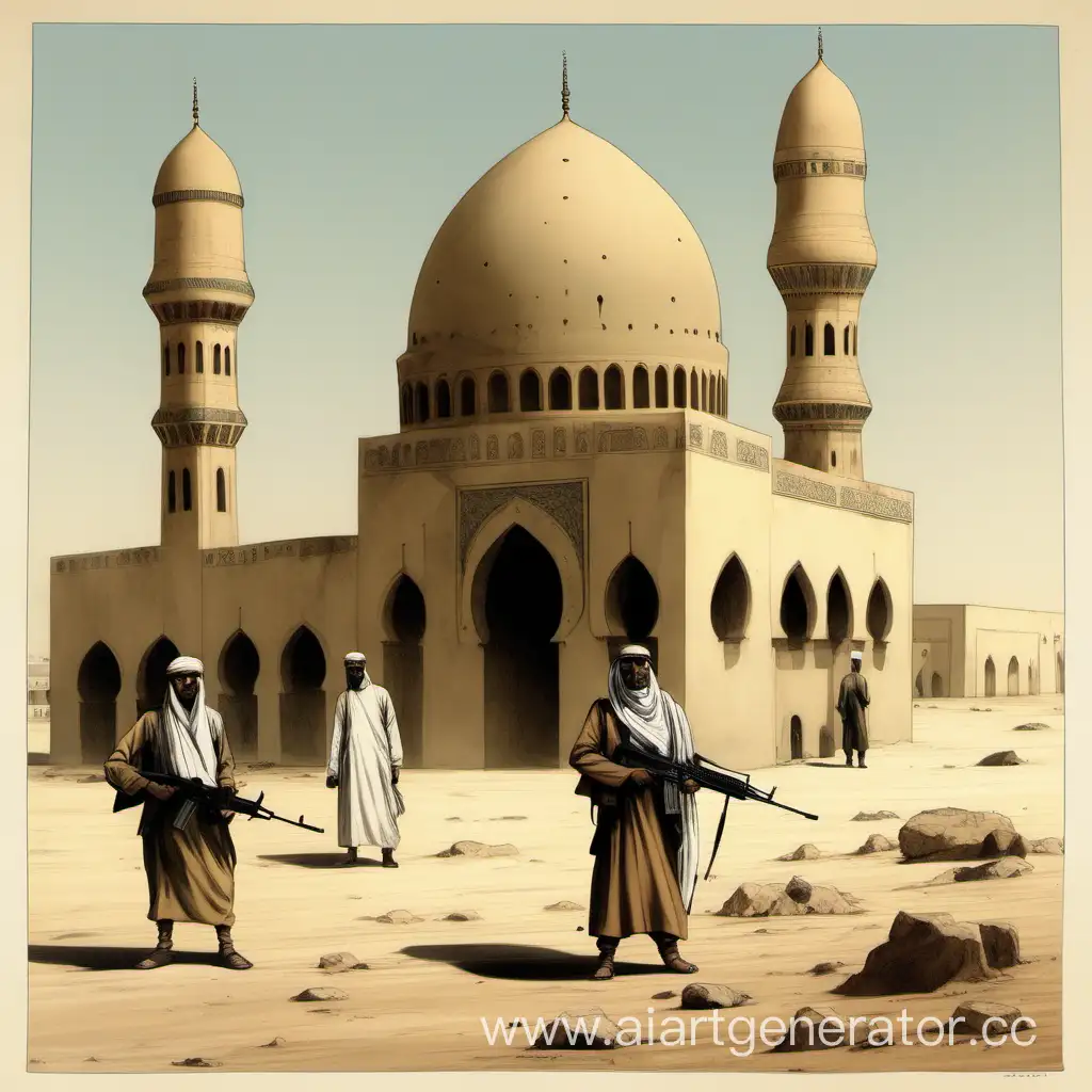 Два восточных война с автоматами, в арафатах, стоят в пустыне напротив арабской мечети, мечеть представляет собой крытое здание с куполом или со сводами, опирающимися на колонны. По ее углам с внешней стороны над крышей воздвигаются минареты.
