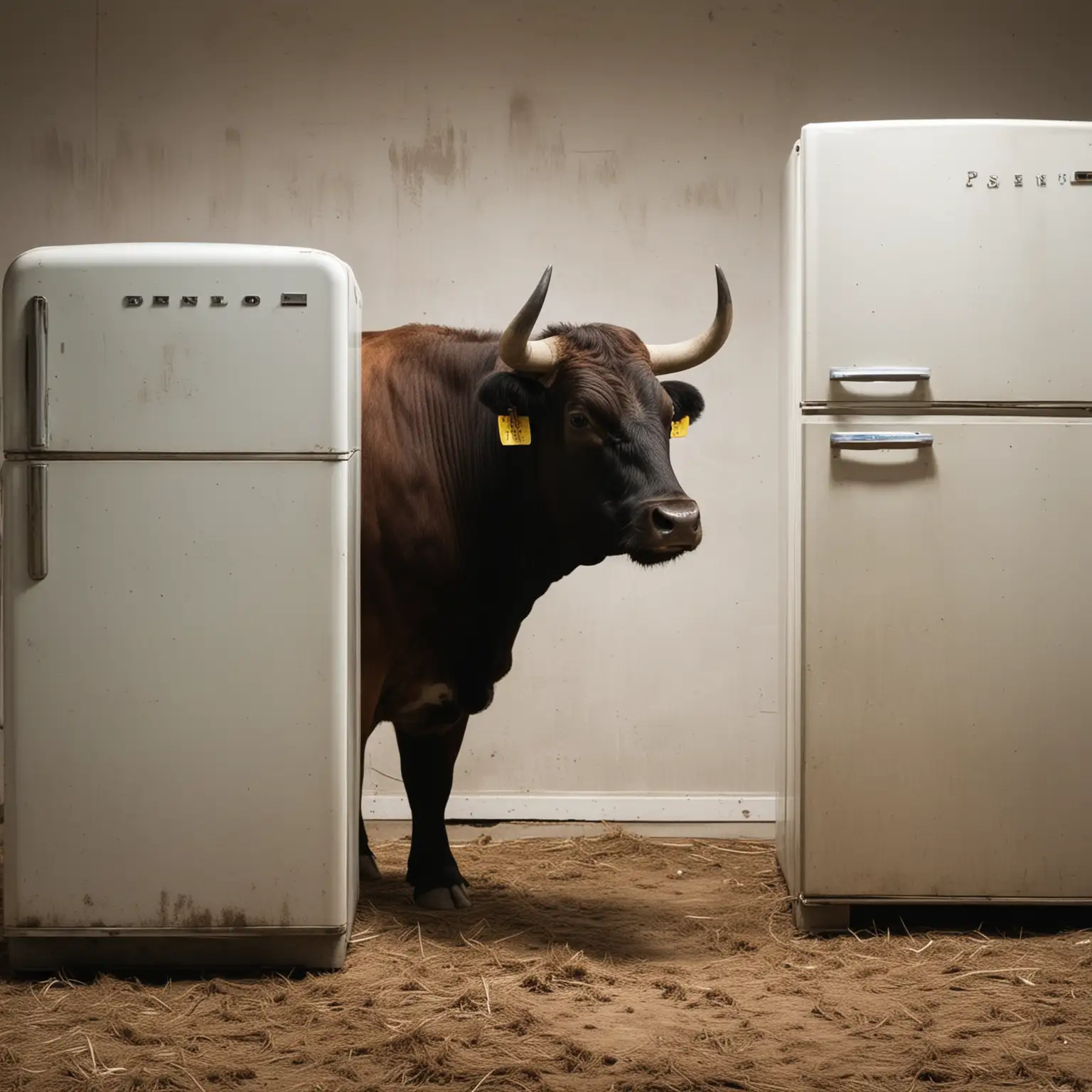 a bull looking at an old refrigerator