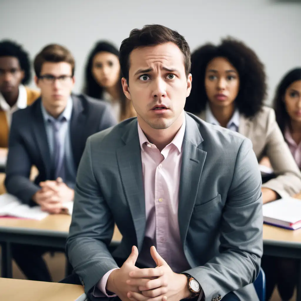 Preppy white 35 year old guy in business casual clothes in a classroom full of 20 preppy multiracial students listening to a professor in a suit. He looks distracted and worried. It's cloudy outside.