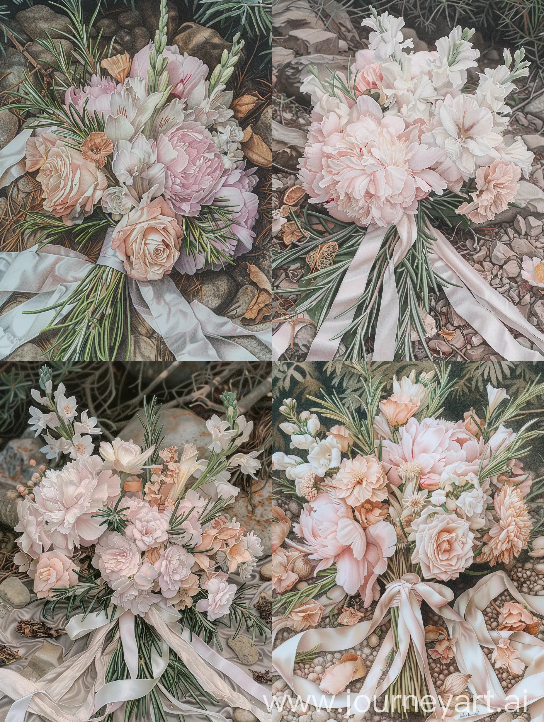 Delicate-Botanical-Bouquet-Rosemary-Peonies-Gladioli-and-Eustoma-Sketch-on-Forest-Background