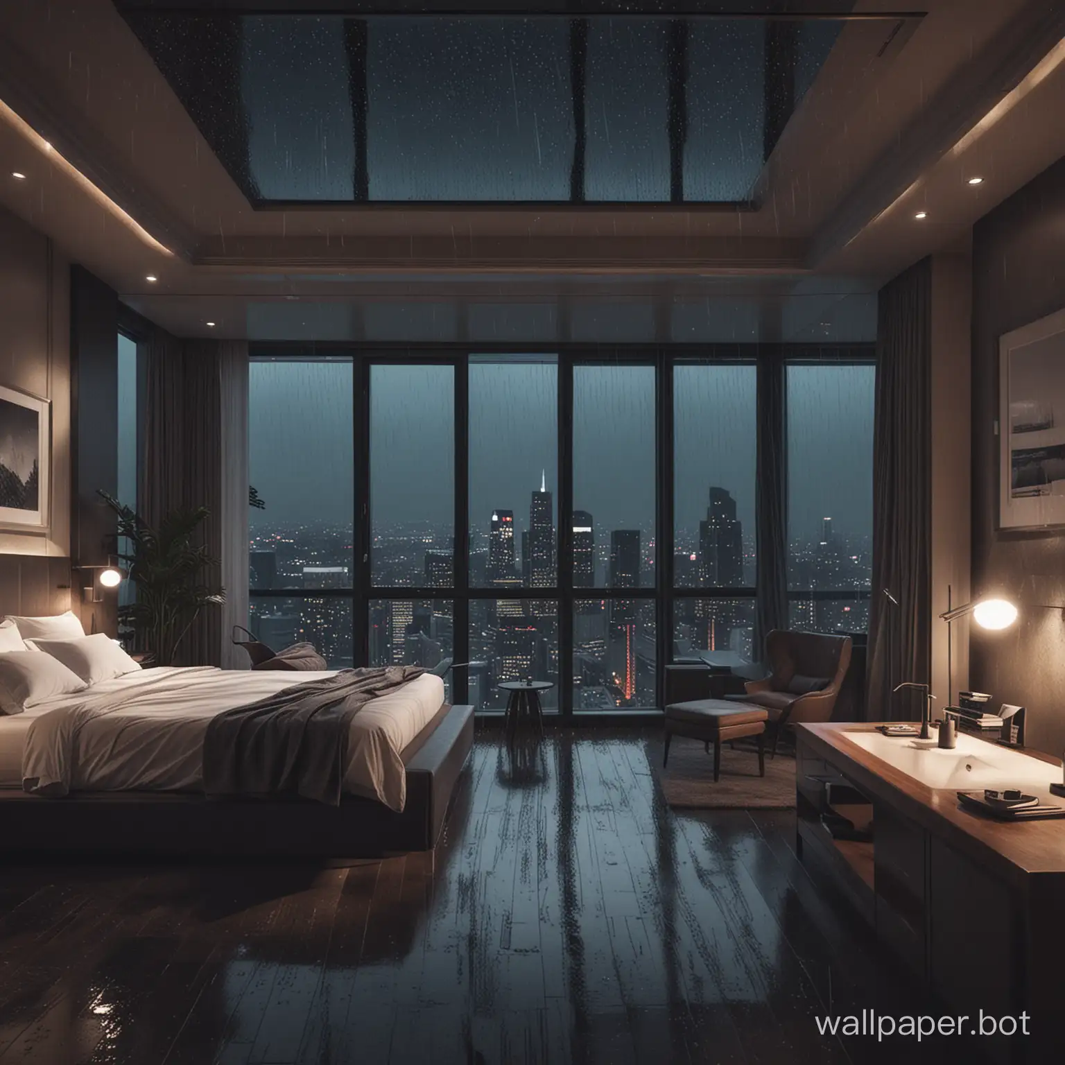 Cozy-Evening-in-a-Penthouse-Suite-Bedroom-on-a-Rainy-Night