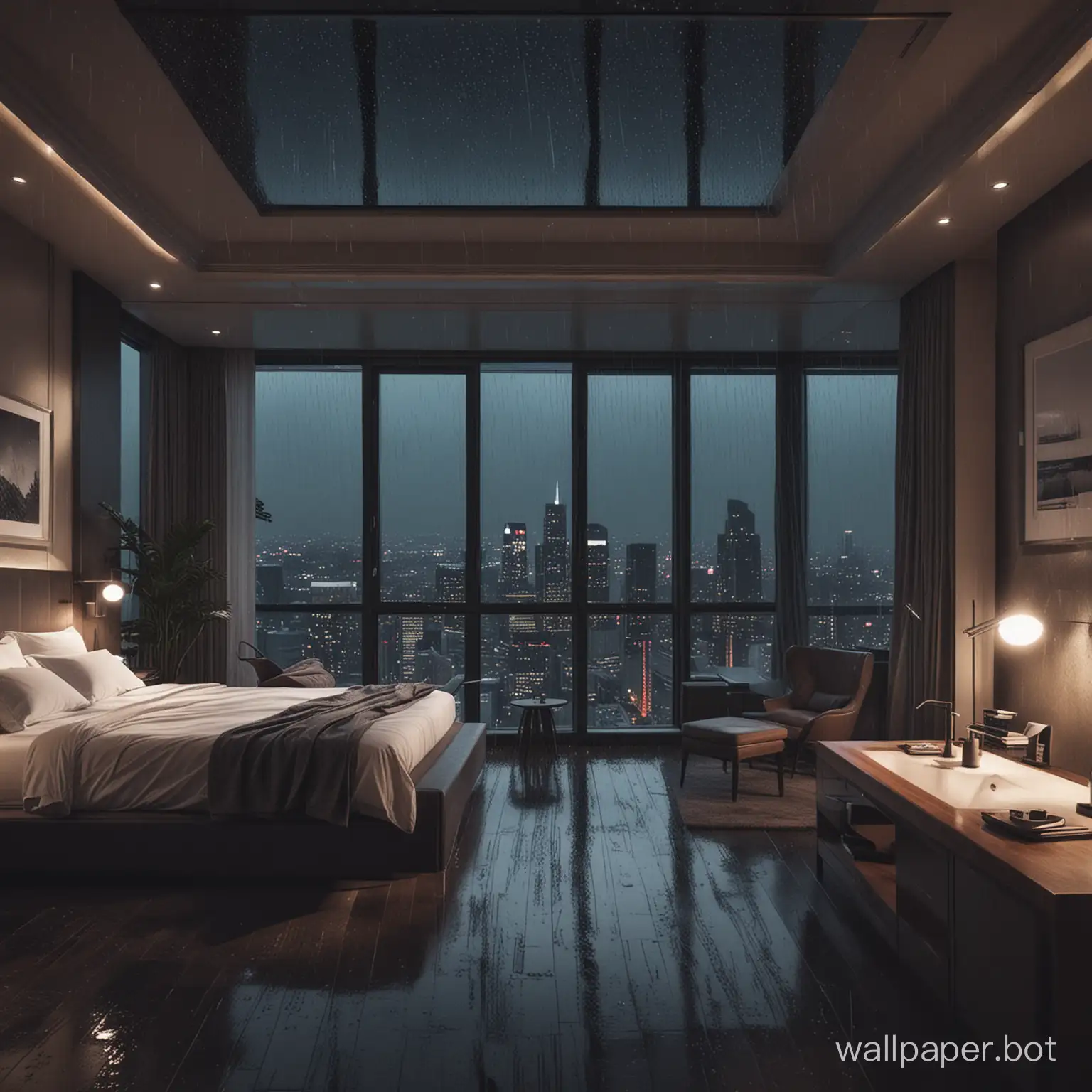 Rainy night in a penthouse suite in a bedroom
