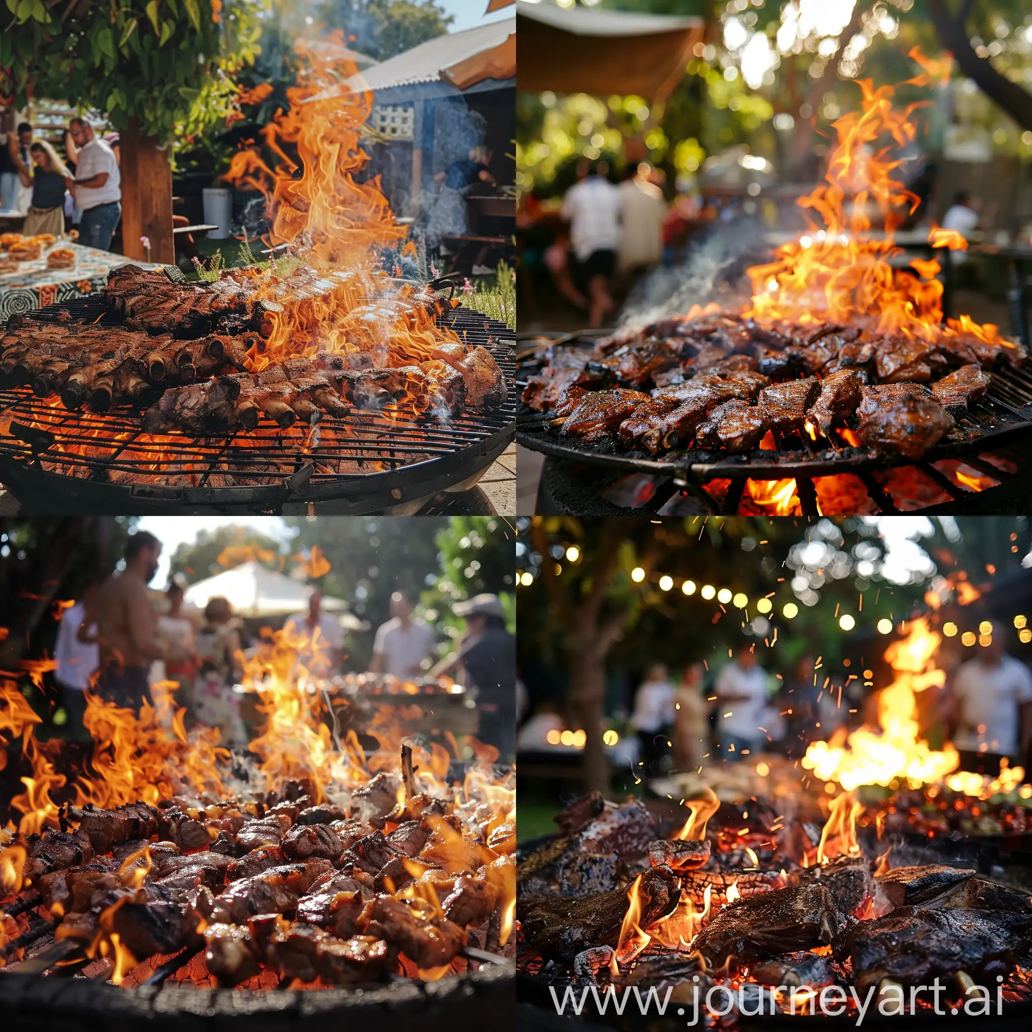 south african braai/barbecue, in a backyard, party lots of people, super big fire burning the meat, high quality image
