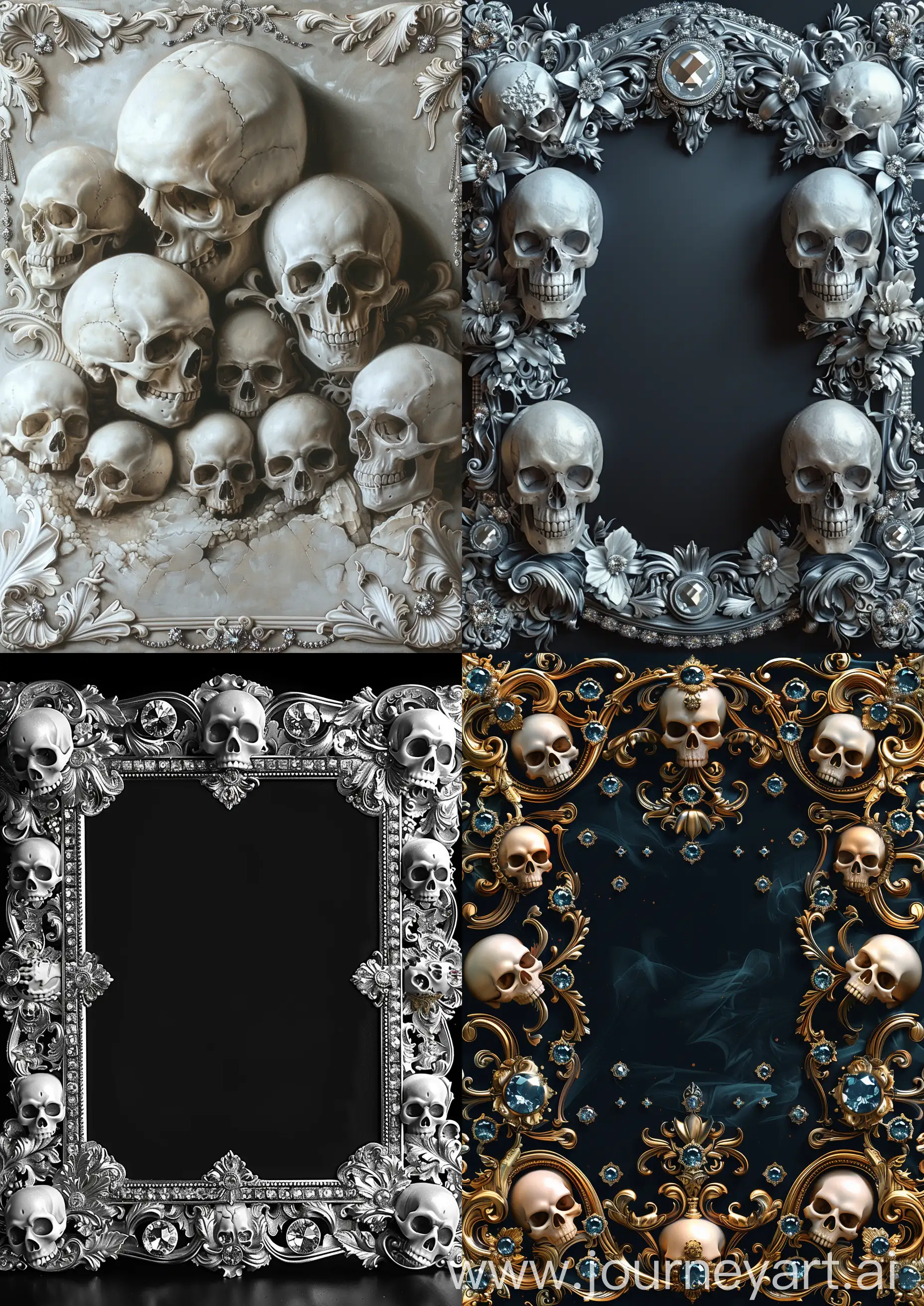 realistic gothic fine canvas frame ornated in diamonds and skulls, high detailed, —c 22 —s 750 —v 6.0 —ar 5:7