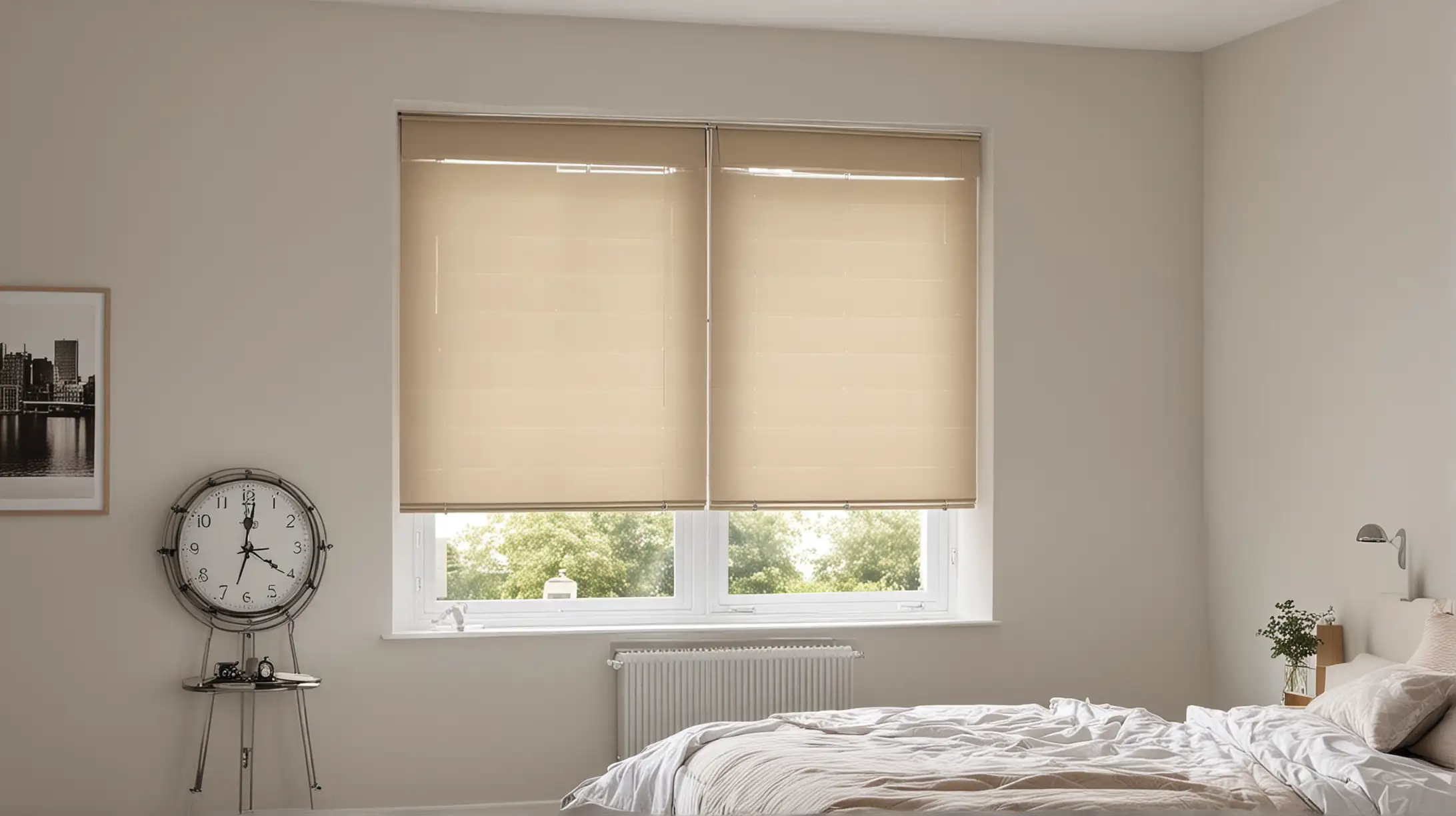 Bedroom Interior with Blinds and Wall Clock