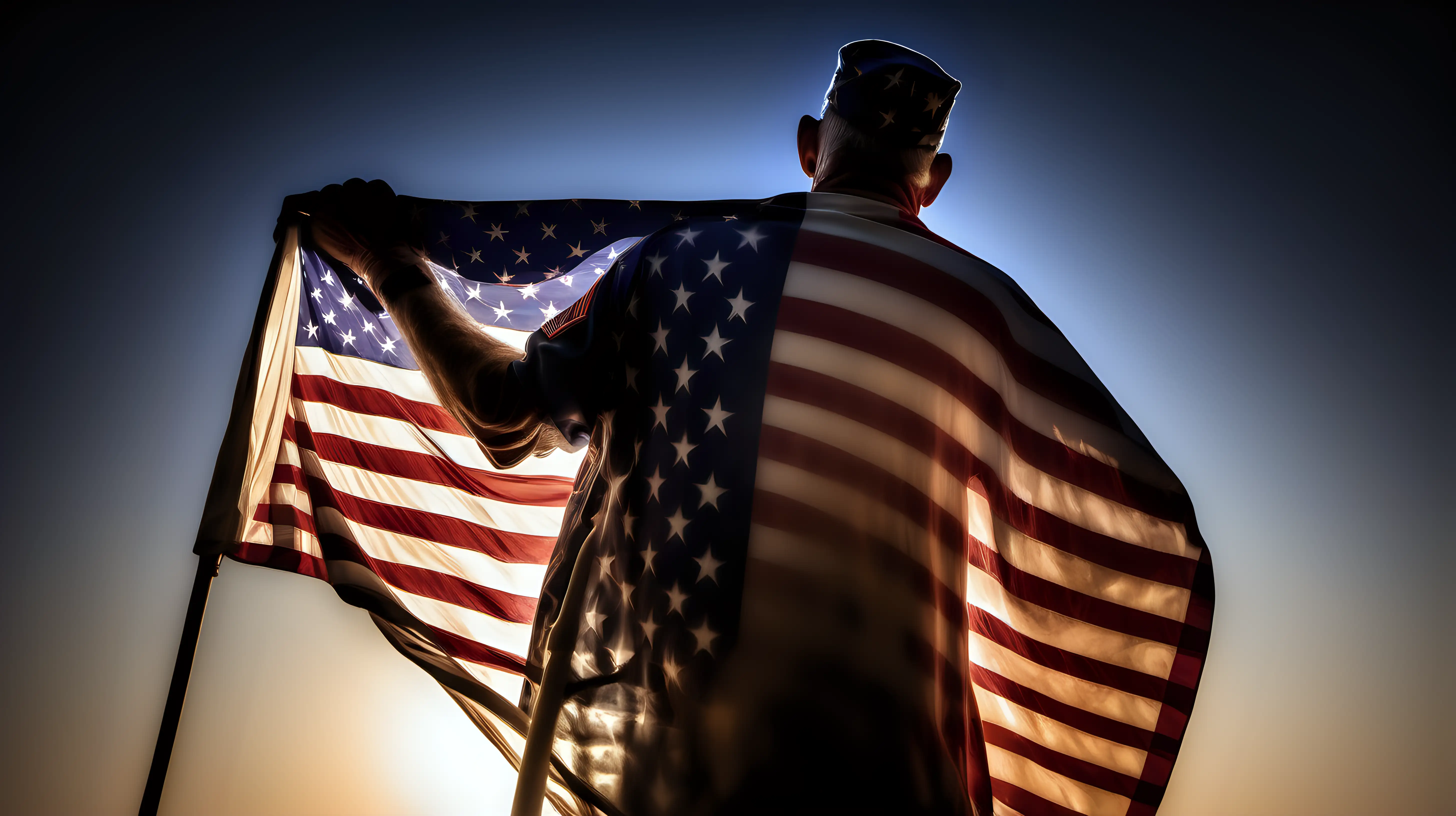 A veteran clutching a radiant American flag close to their chest, the brilliance of its glow reflecting the unwavering commitment and sacrifices made in service to their nation.