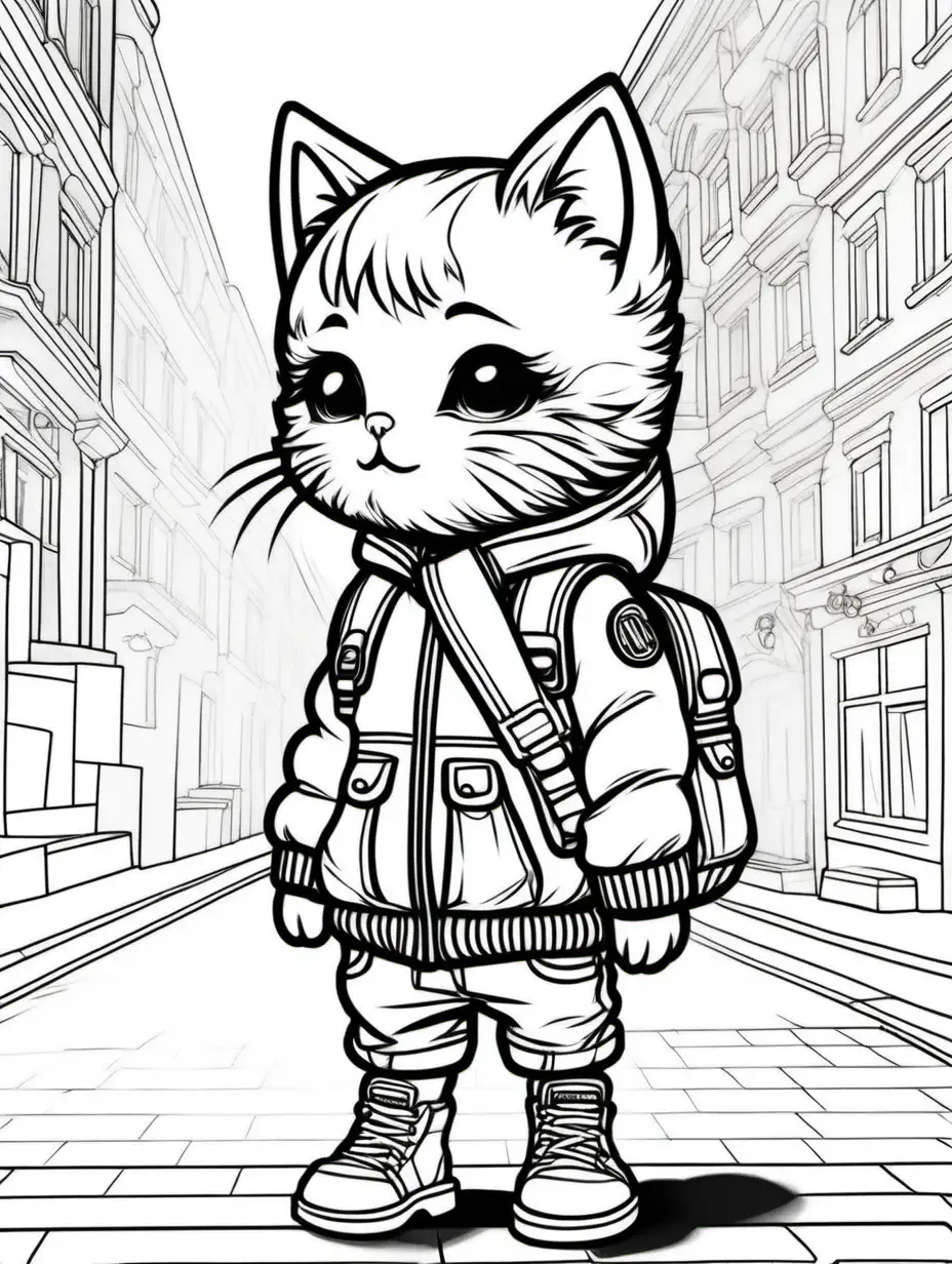 line drawing of a cute kitten wearing moncler in street-style photography for children's coloring book