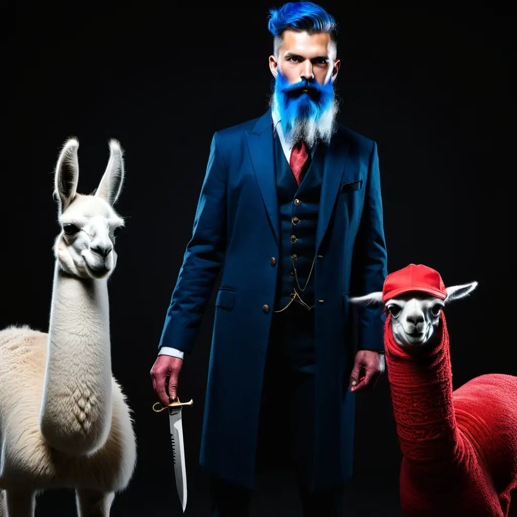 Mysterious BlueBearded Gentleman with Bloody Knife and Llama
