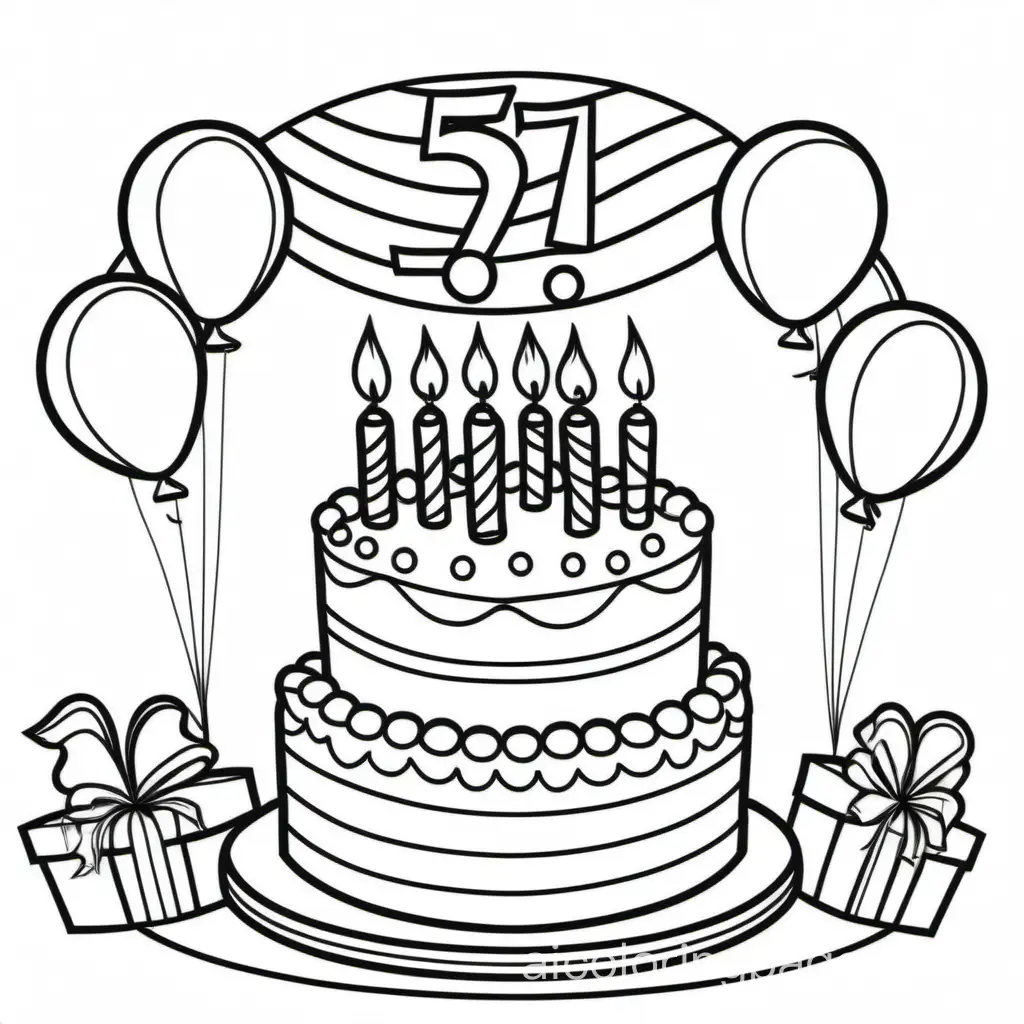57th Birthday 02 / 15, Coloring Page, black and white, line art, white background, Simplicity, Ample White Space. The background of the coloring page is plain white to make it easy for young children to color within the lines. The outlines of all the subjects are easy to distinguish, making it simple for kids to color without too much difficulty